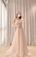 Off-the-Shoulder Glitter Tulle Evening Dress with Ruffled Sleeves