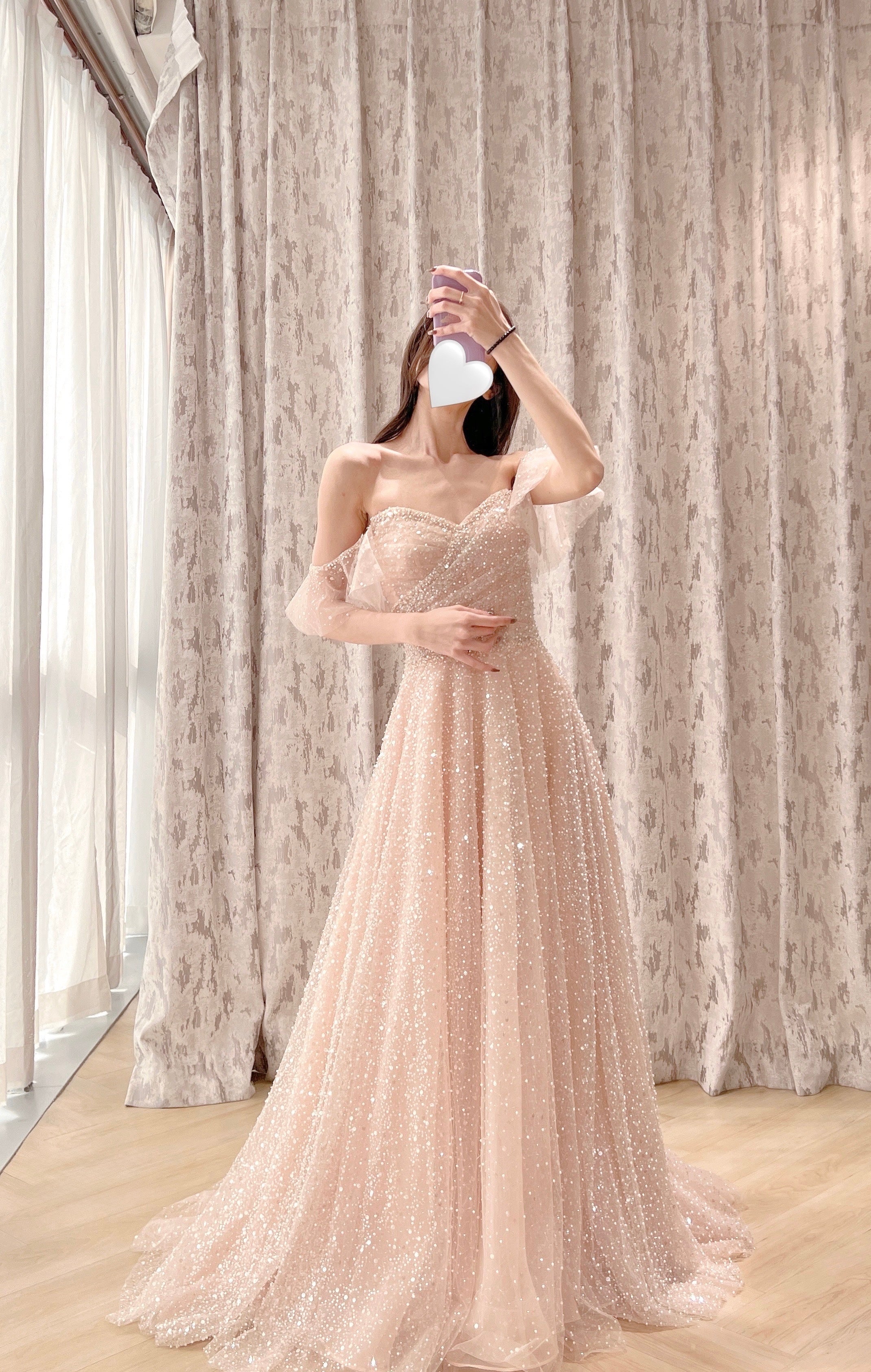 Off-the-Shoulder Glitter Tulle Evening Dress with Ruffled Sleeves