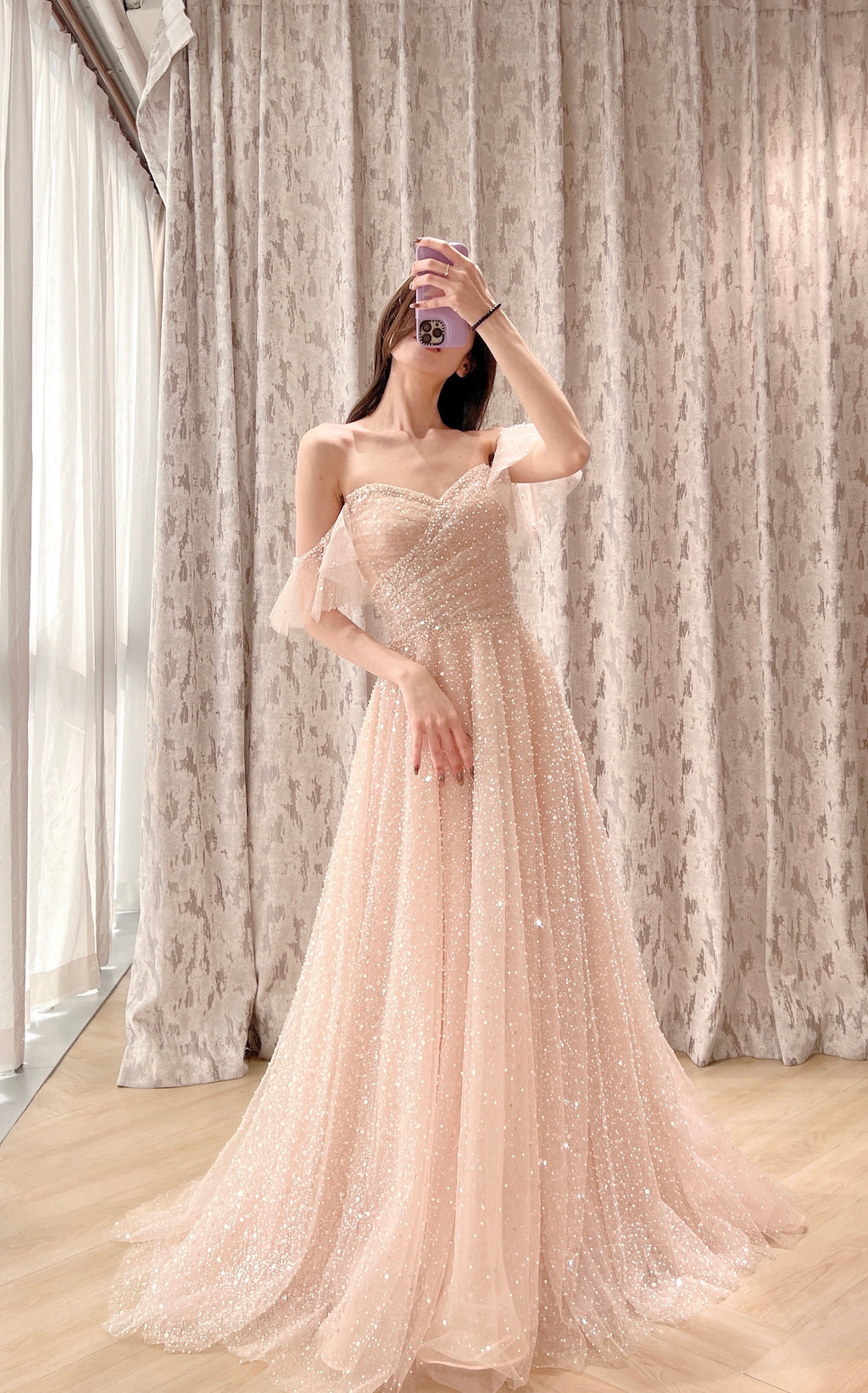 Off-the-Shoulder Glitter Tulle Evening Dress with Ruffled Sleeves