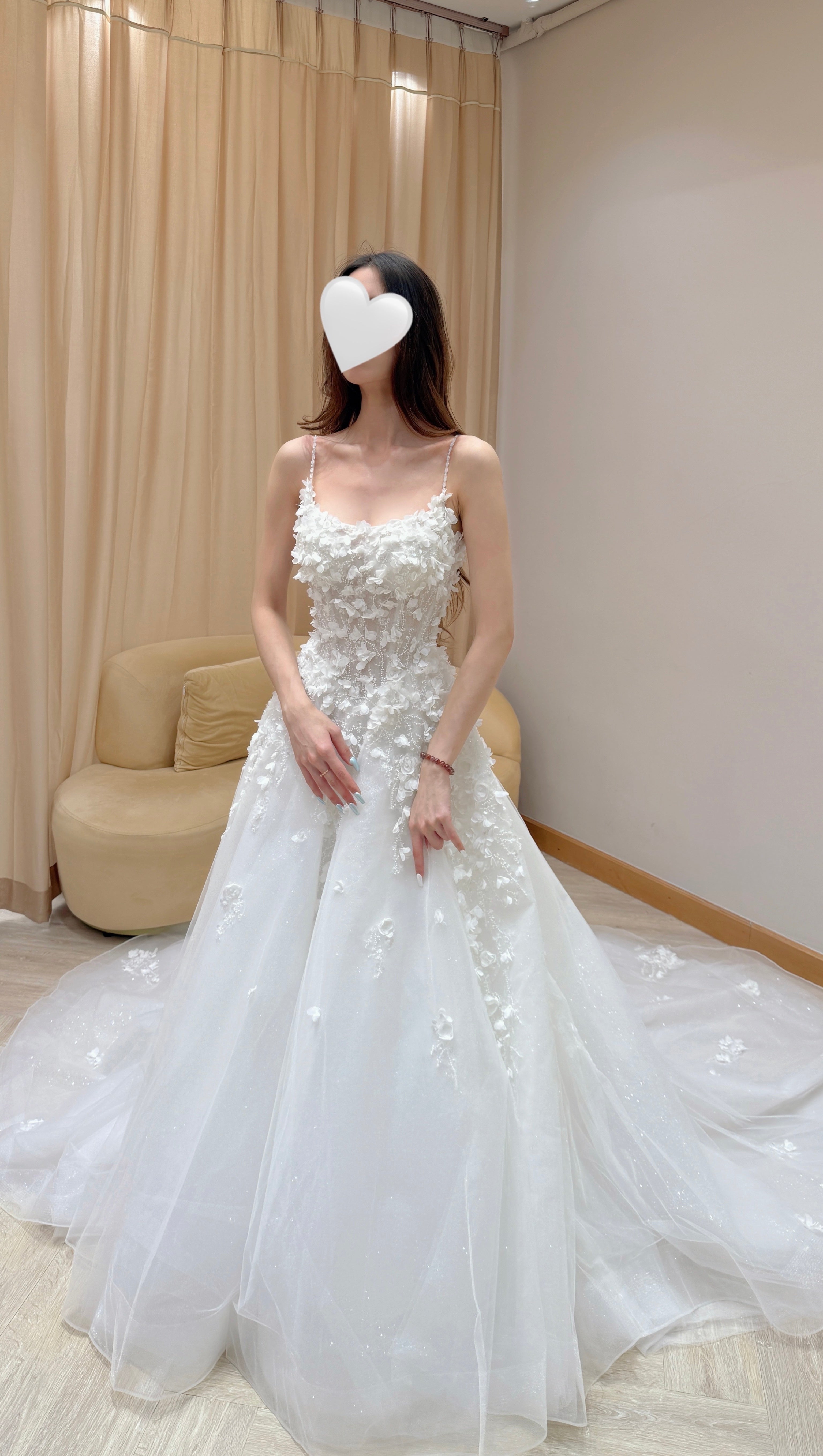 Spaghetti Strap 3D Floral Appliqué Ball Gown Wedding Dress
