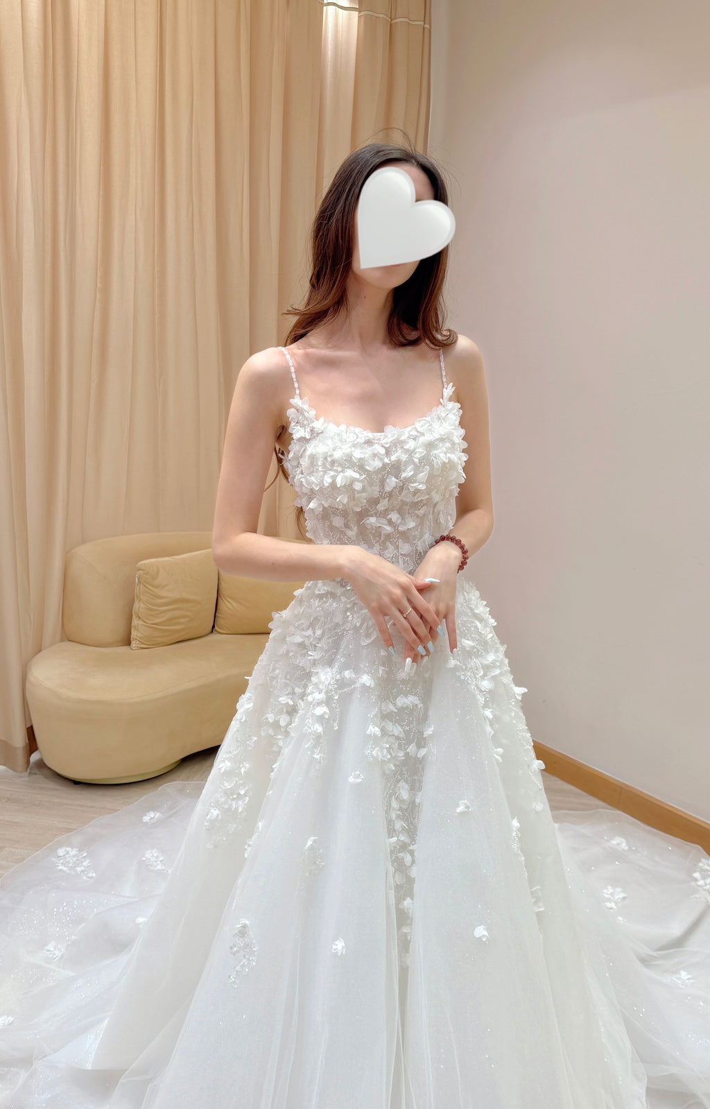 Spaghetti Strap 3D Floral Appliqué Ball Gown Wedding Dress