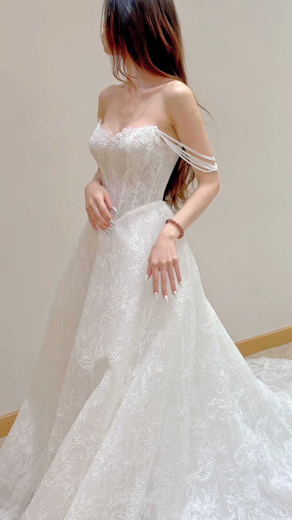 Lace Ball Gown Wedding Dress with Detachable Pearl Off-the-Shoulder Straps