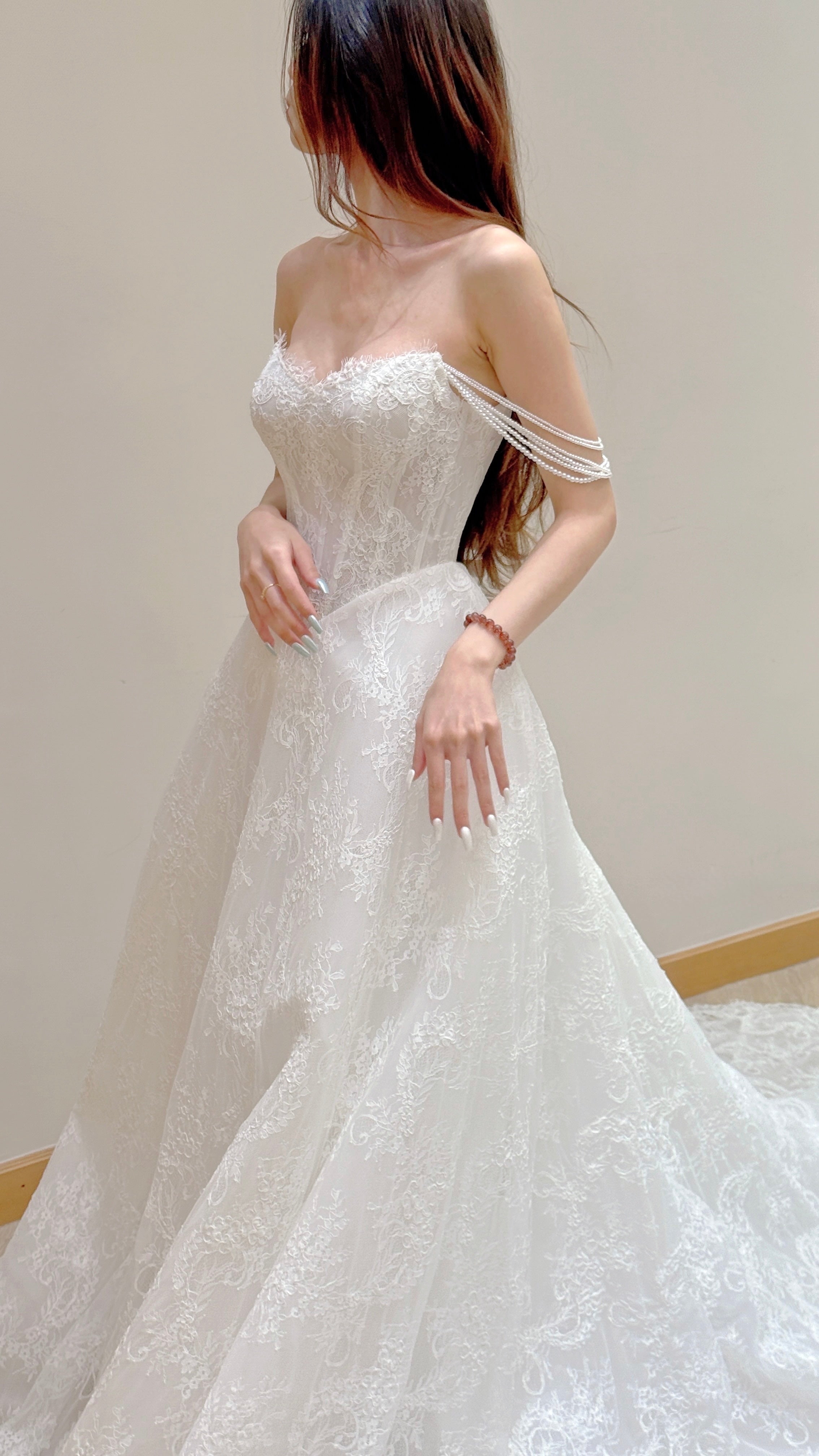 Lace Ball Gown Wedding Dress with Detachable Pearl Off-the-Shoulder Straps