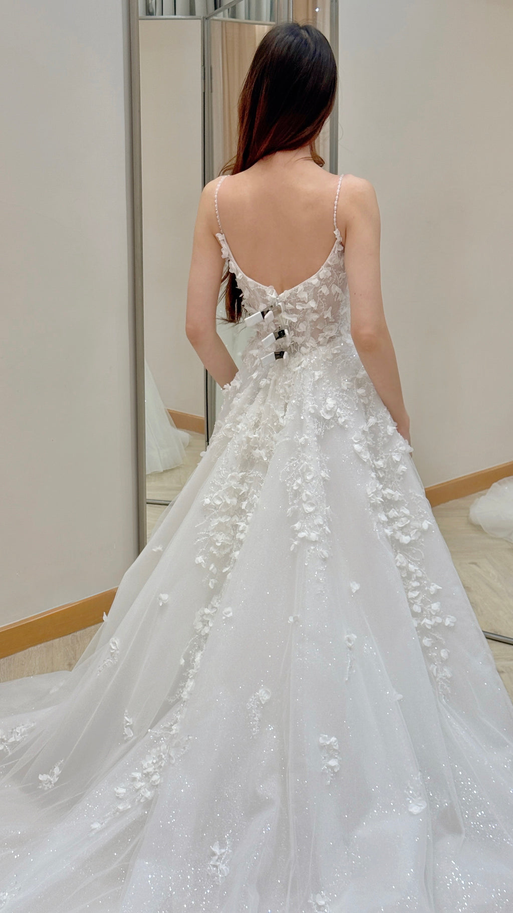 Spaghetti Strap 3D Floral Appliqué Ball Gown Wedding Dress