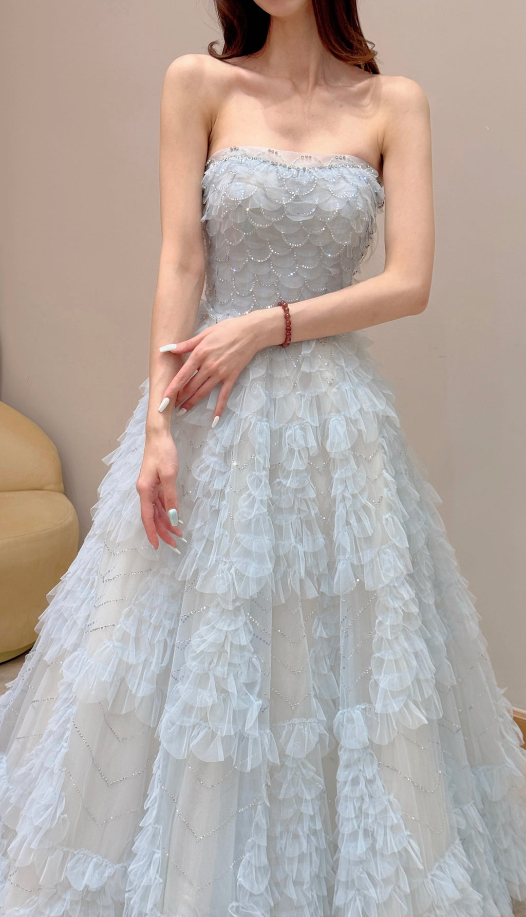 Convertible Ice Blue Tiered Ruffle Tulle Evening Dress with Sparkle Details