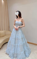 Convertible Ice Blue Tiered Ruffle Tulle Evening Dress with Sparkle Details