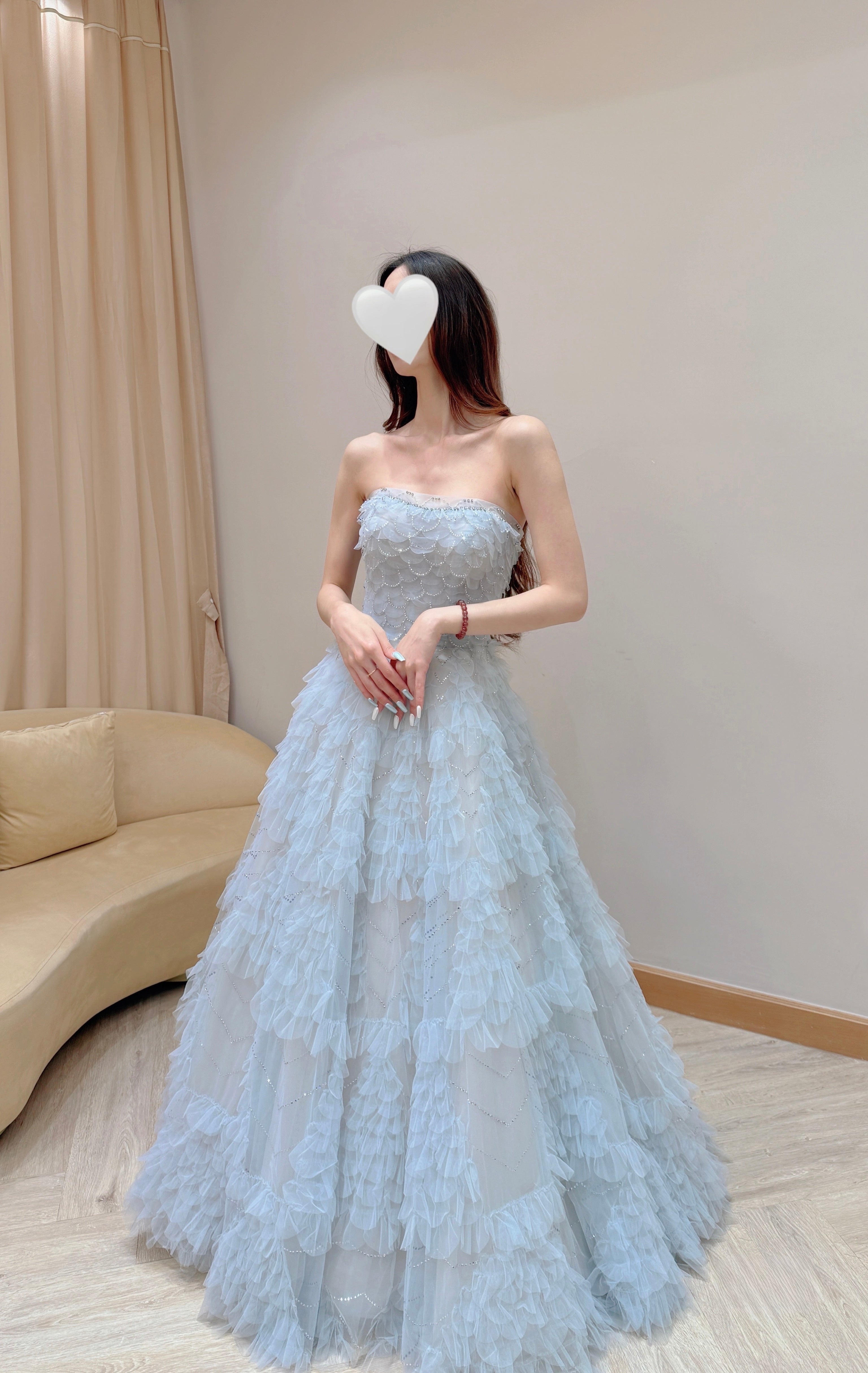 Convertible Ice Blue Tiered Ruffle Tulle Evening Dress with Sparkle Details