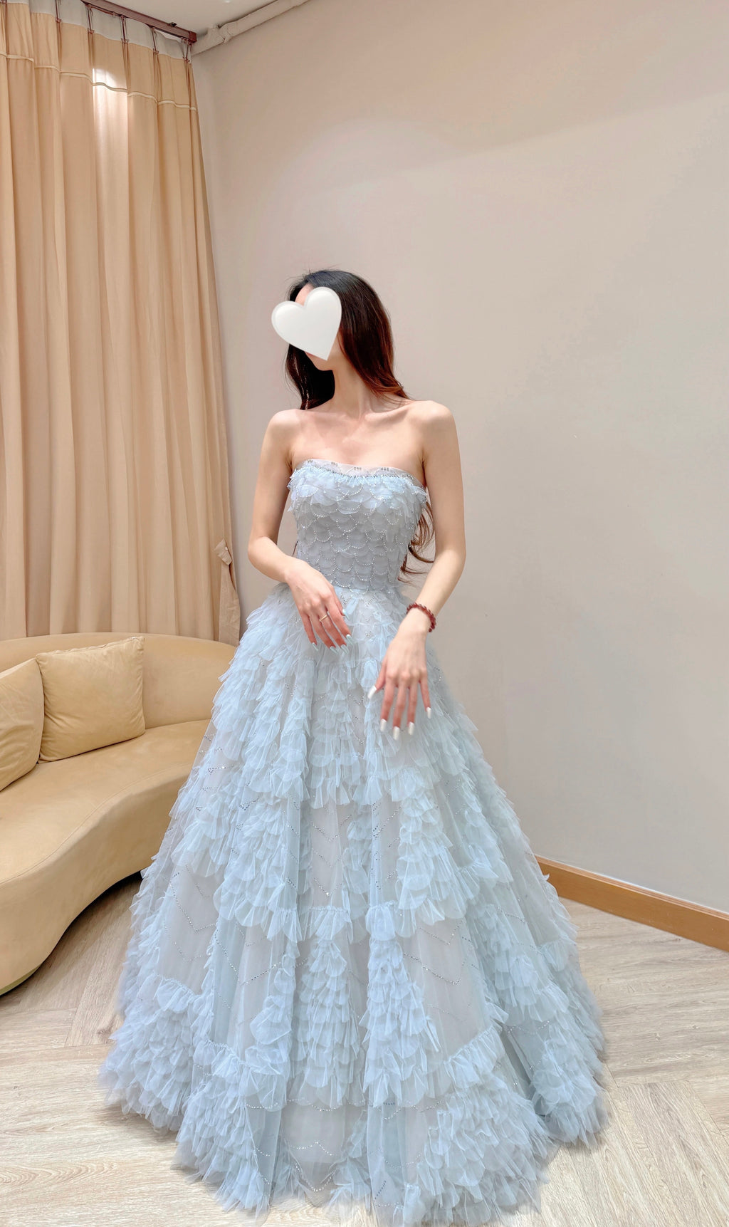 Convertible Ice Blue Tiered Ruffle Tulle Evening Dress with Sparkle Details