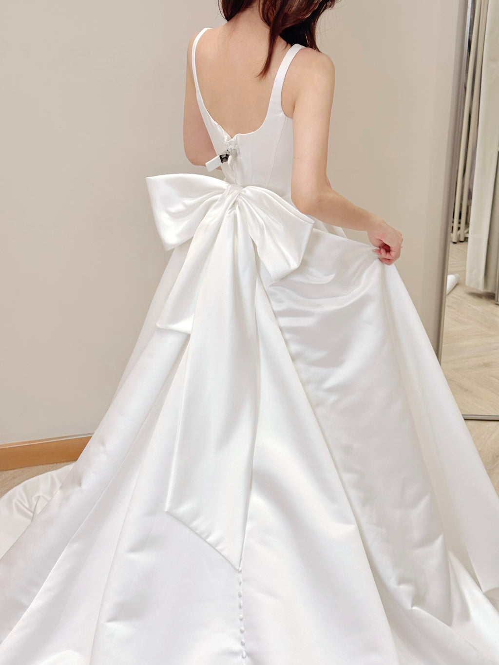 Luxurious Satin Bridal Gown with Removable Back Bow and Train