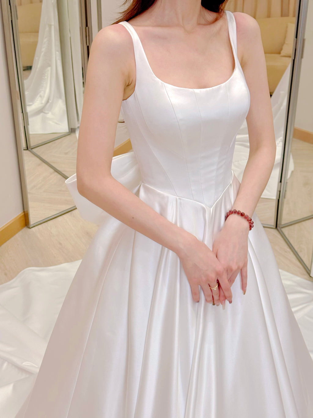 Luxurious Satin Bridal Gown with Removable Back Bow and Train