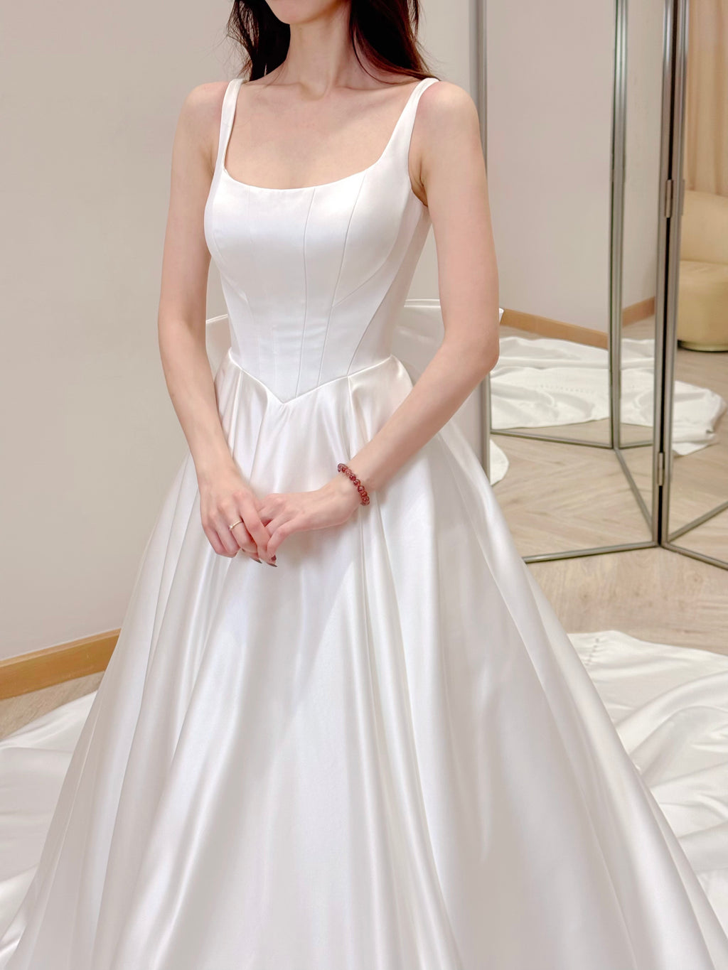Luxurious Satin Bridal Gown with Removable Back Bow and Train