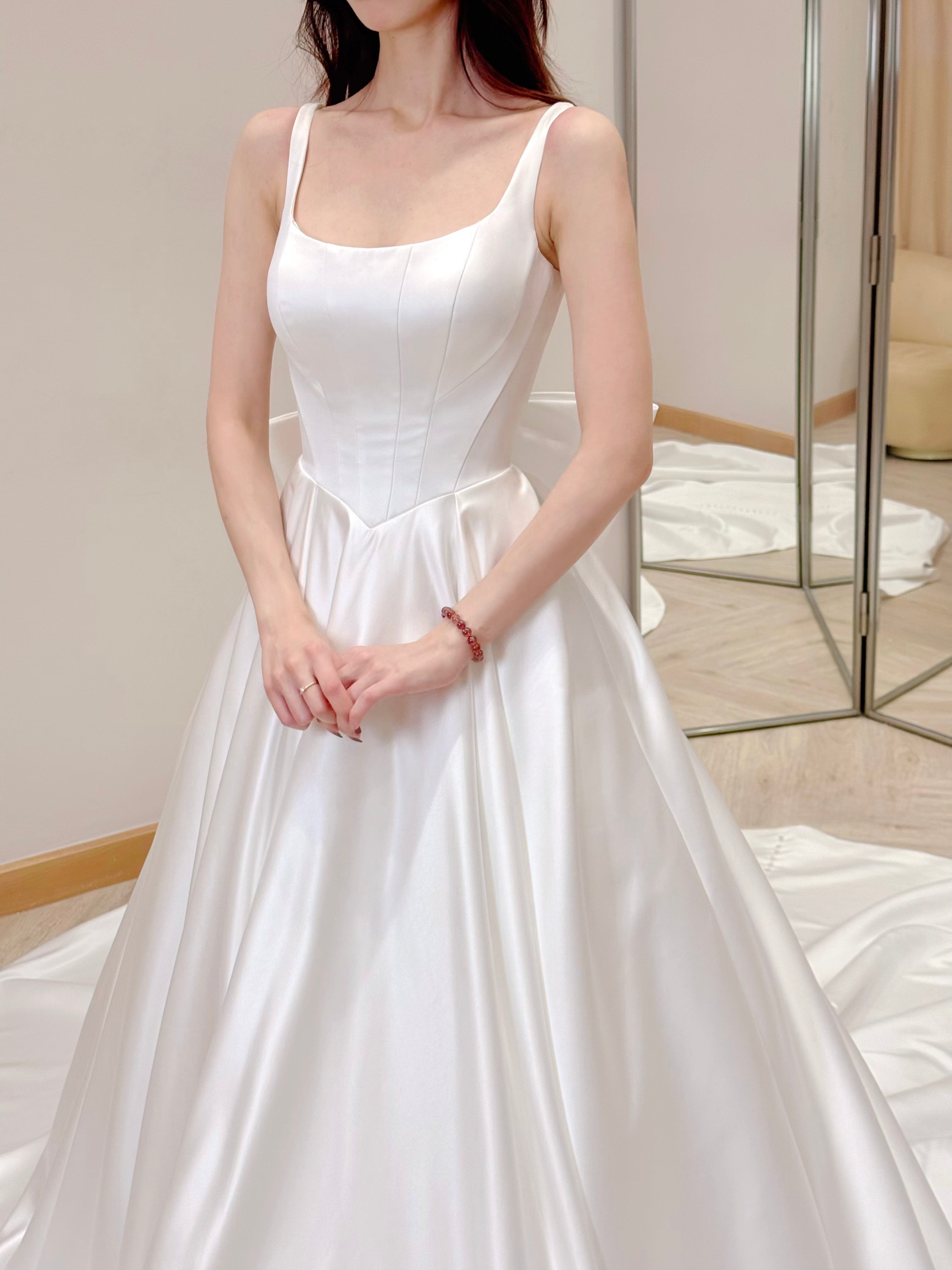 Luxurious Satin Bridal Gown with Removable Back Bow and Train