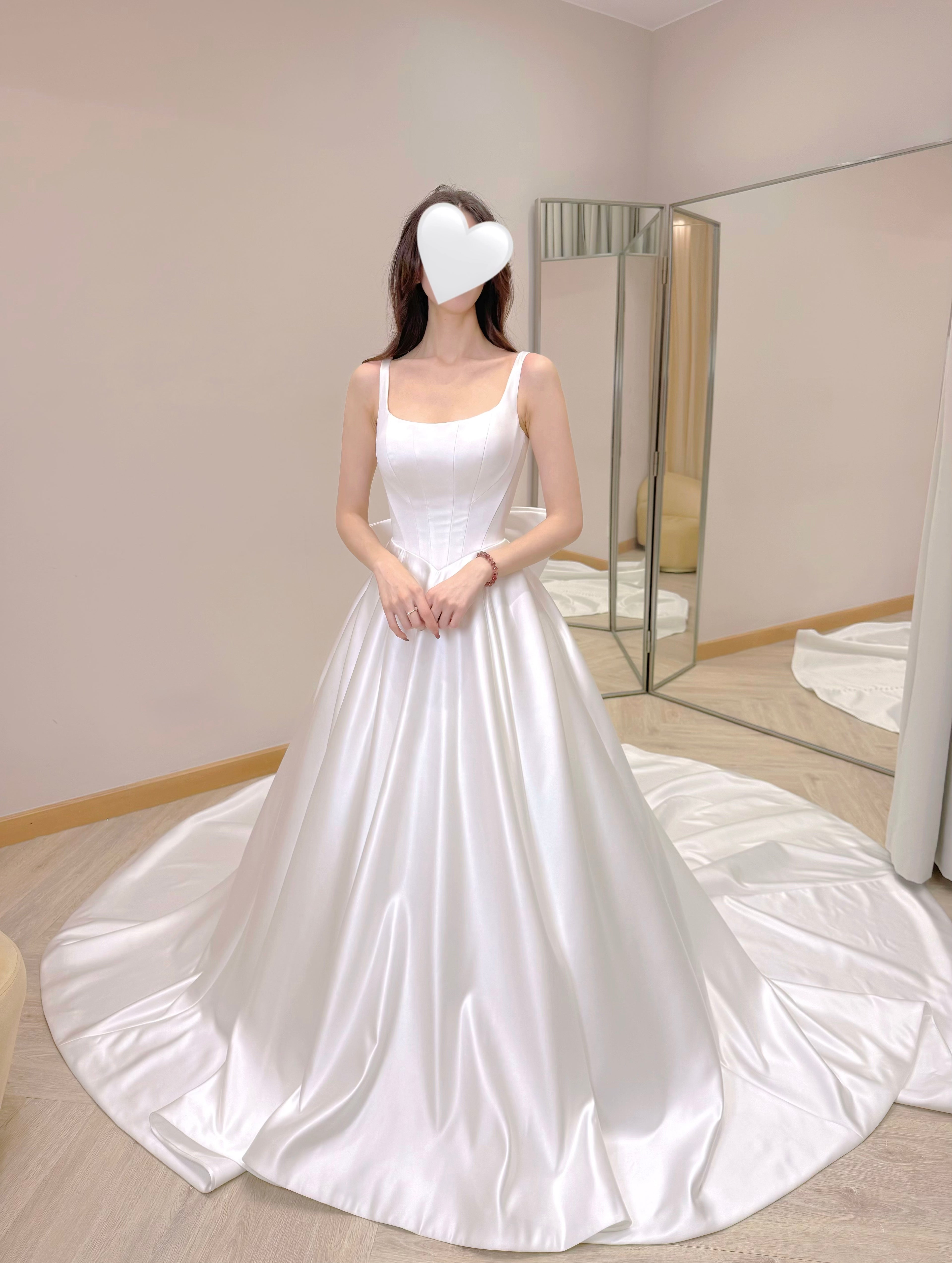 Luxurious Satin Bridal Gown with Removable Back Bow and Train