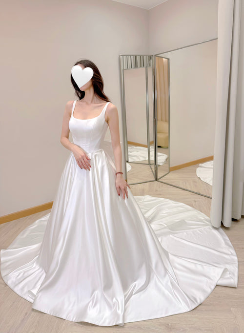 Luxurious Satin Bridal Gown with Removable Back Bow and Train
