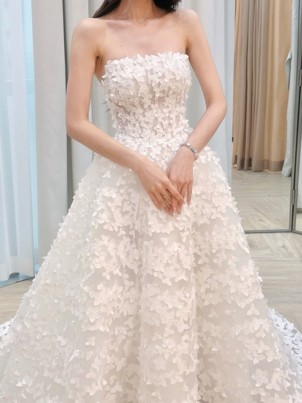 Strapless 3D Floral Appliqué Ball Gown Wedding Dress