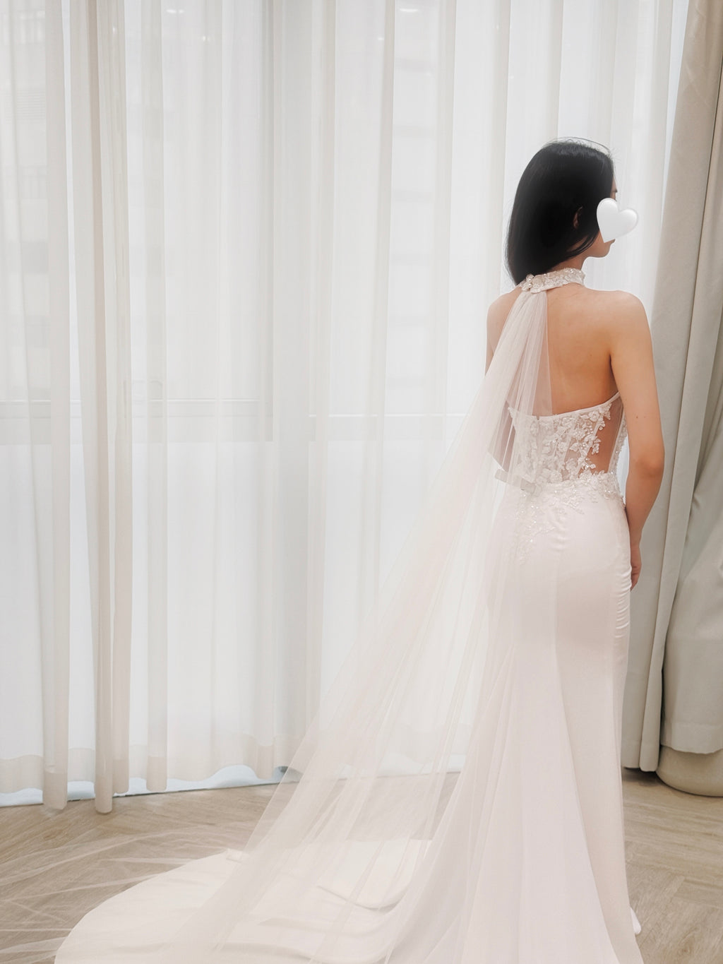 Elegant Fitted Bridal Gown with Removable Neck Piece and Sweep Train