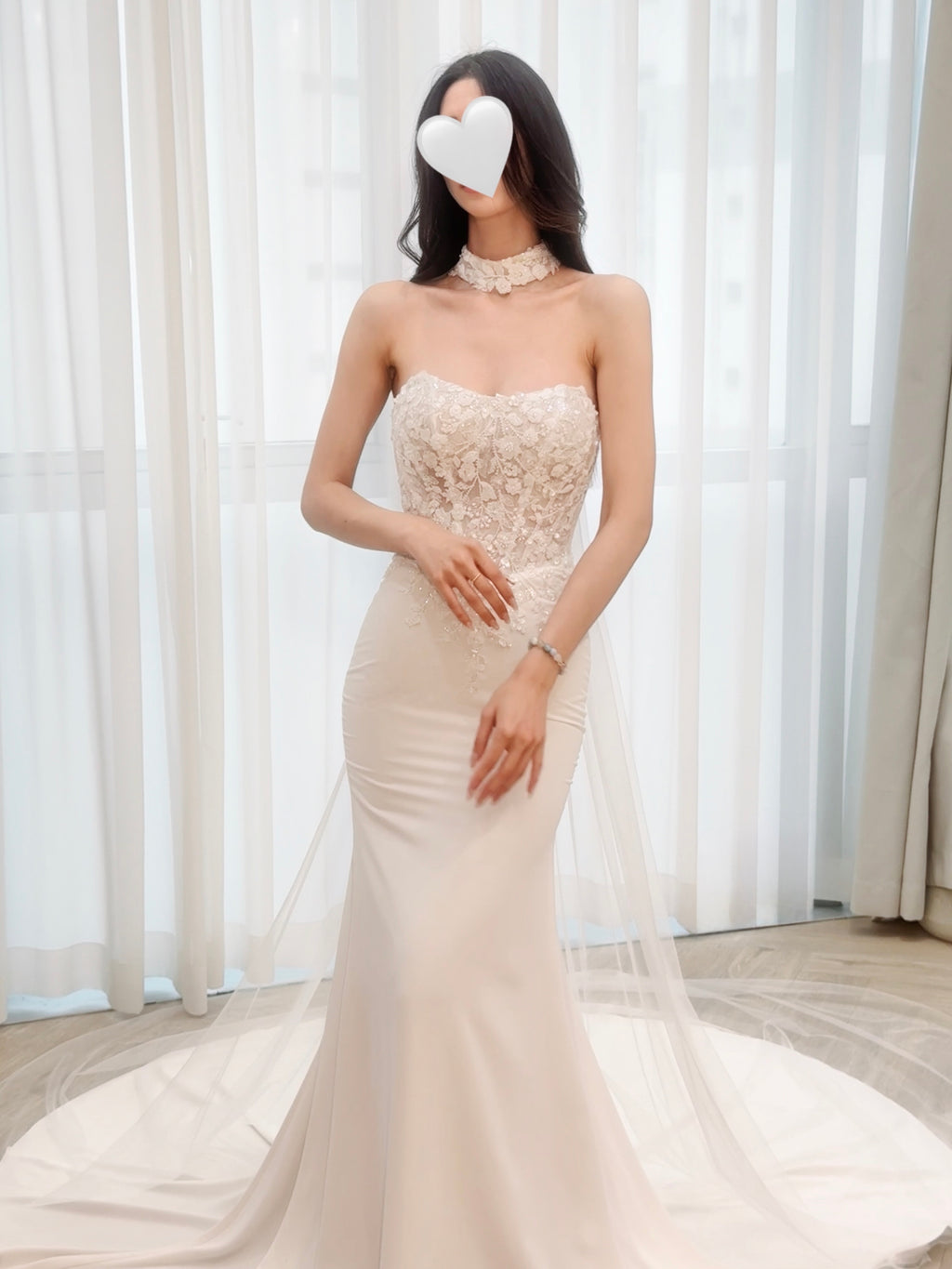 Elegant Fitted Bridal Gown with Removable Neck Piece and Sweep Train
