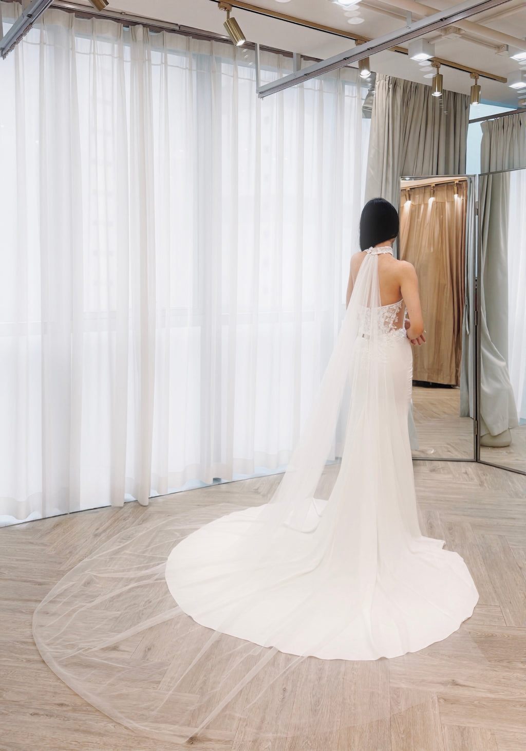 Elegant Fitted Bridal Gown with Removable Neck Piece and Sweep Train