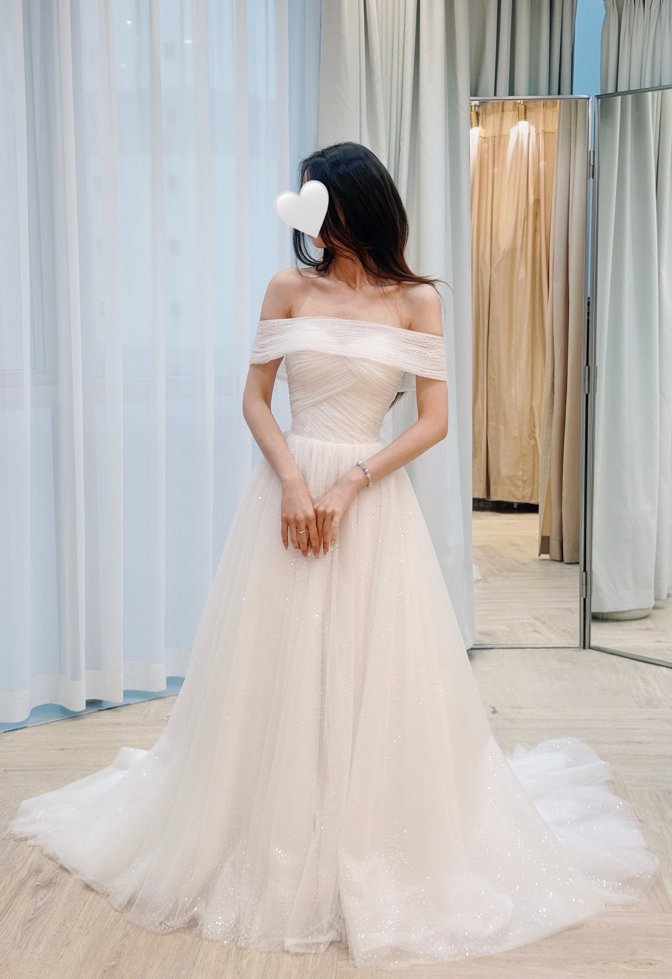 Sparkling Draped Bridal Dress with Removable Off-Shoulder Straps