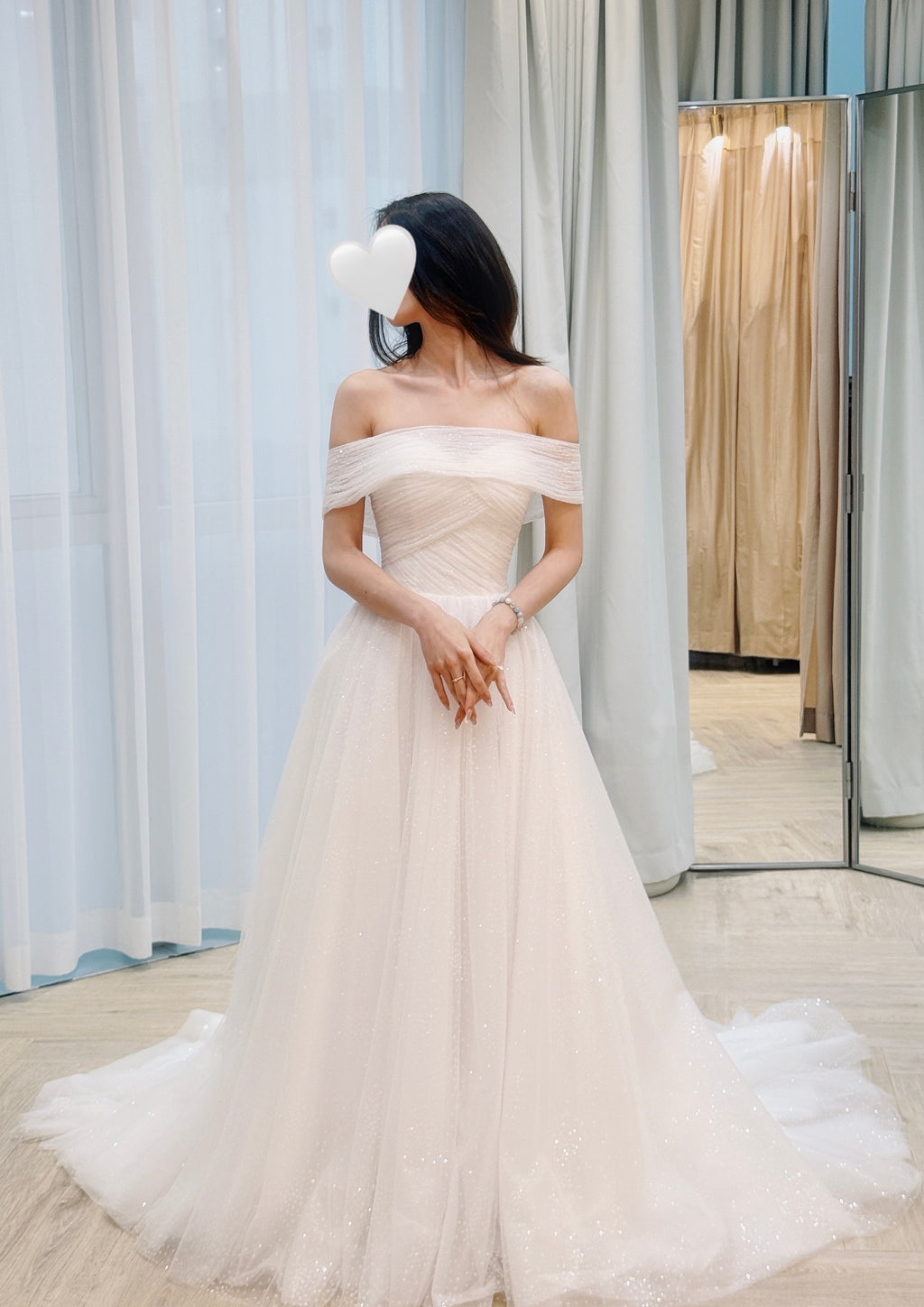 Sparkling Draped Bridal Dress with Removable Off-Shoulder Straps