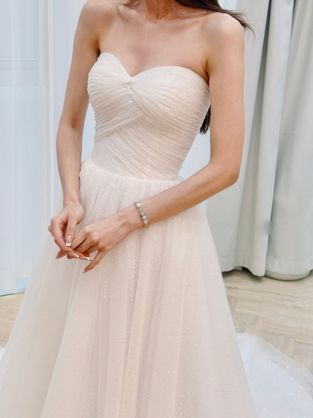 Sparkling Draped Bridal Dress with Removable Off-Shoulder Straps