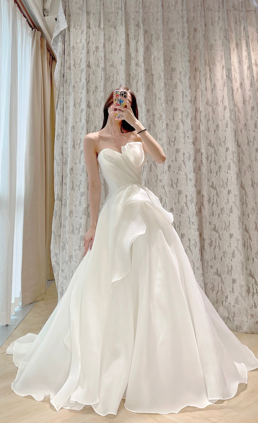 Strapless Architectural Pleated Organza A-Line Wedding Dress