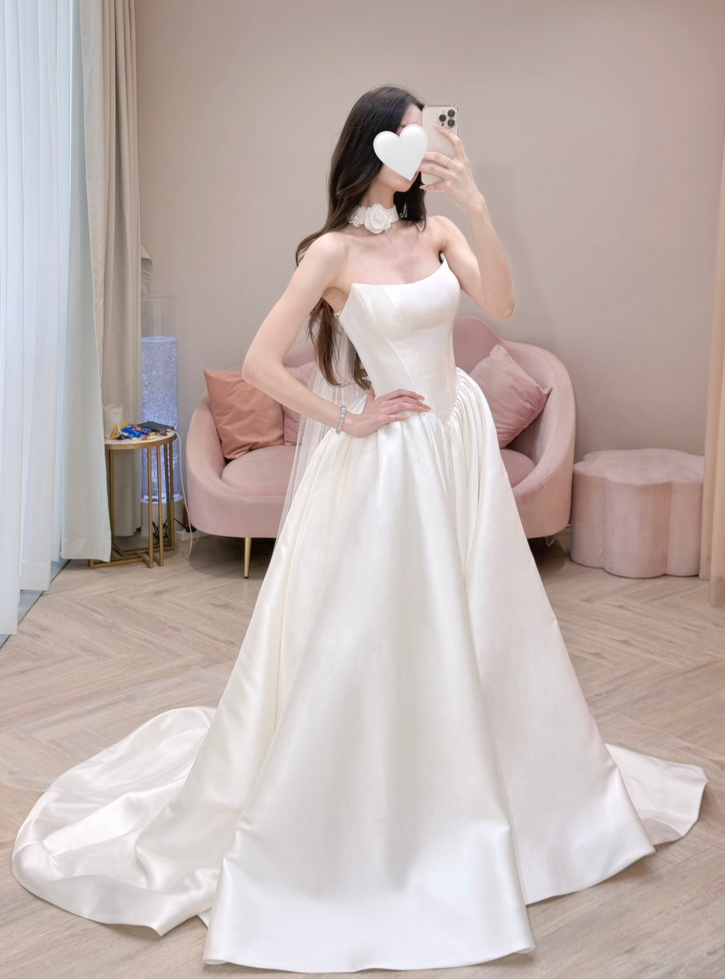 Satin Ball Gown Wedding Dress with Detachable Floral Choker