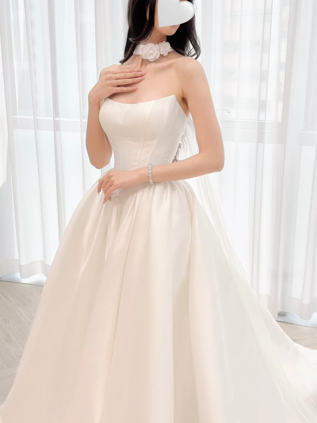 Satin Ball Gown Wedding Dress with Detachable Floral Choker