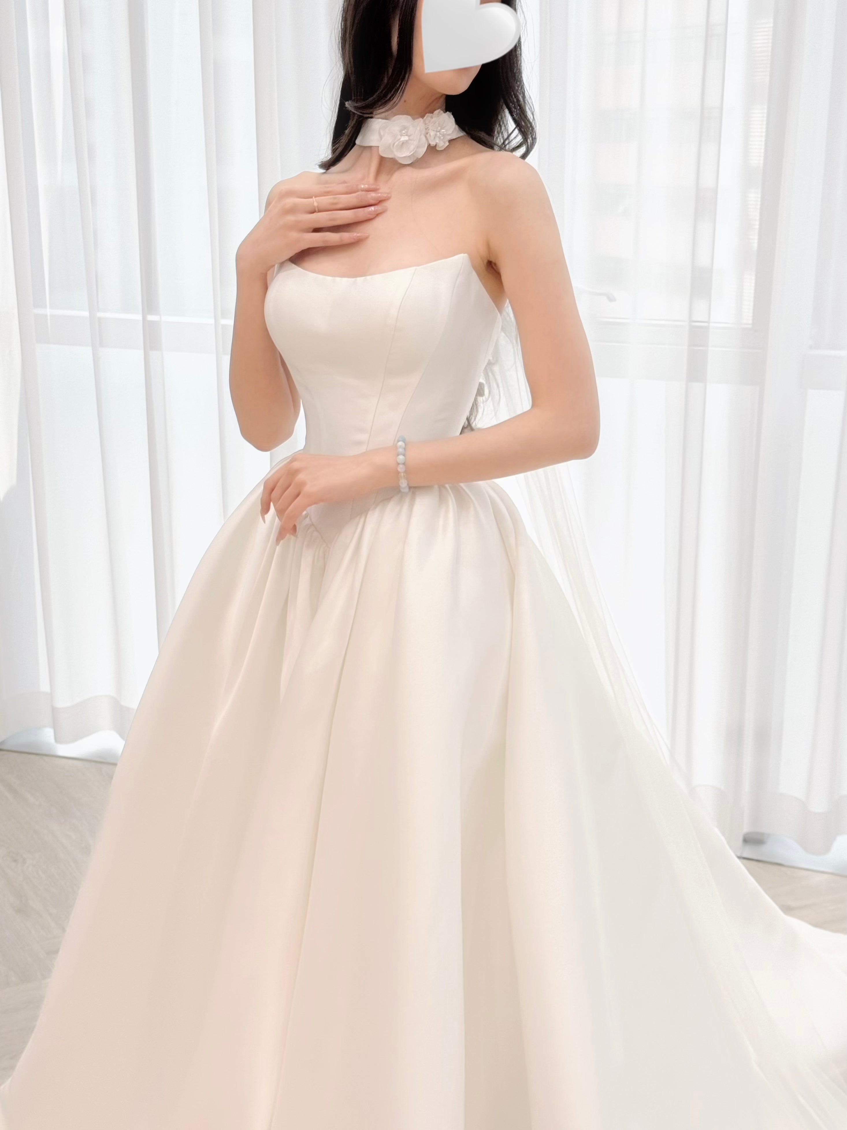 Satin Ball Gown Wedding Dress with Detachable Floral Choker