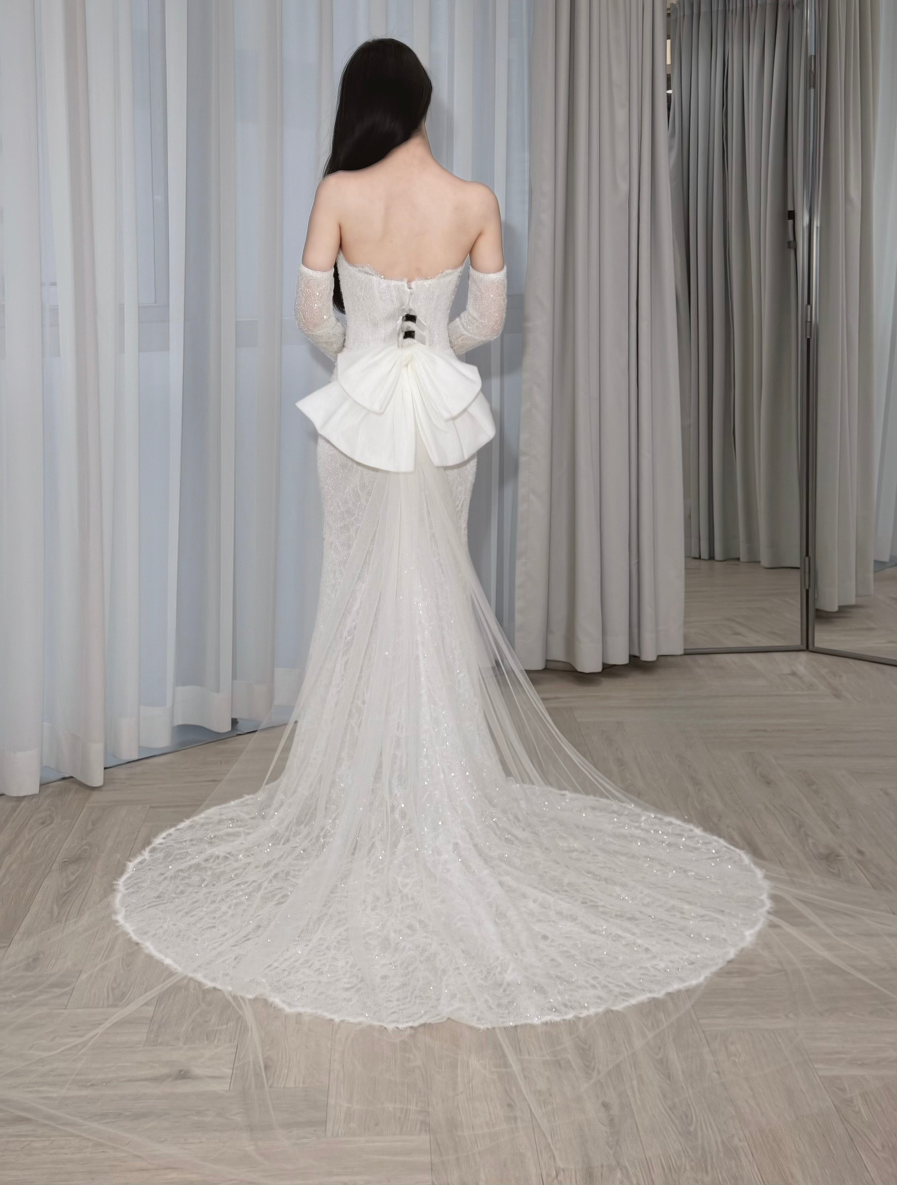 3-in-1 Convertible Sparkling Mermaid Wedding Dress with Detachable Bow Train