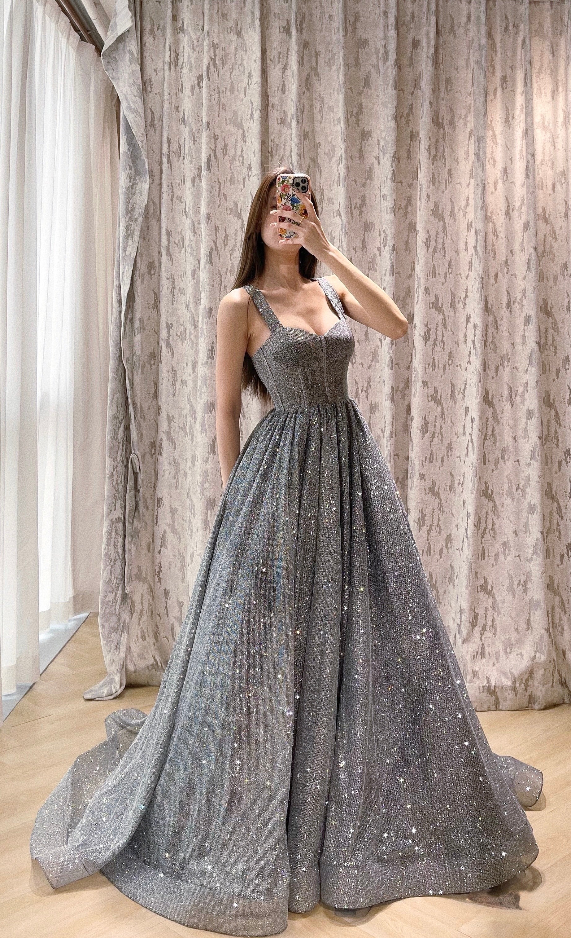 Dark Blue and Silver Iridescent Glitter A-Line Evening Dress with Wide Straps