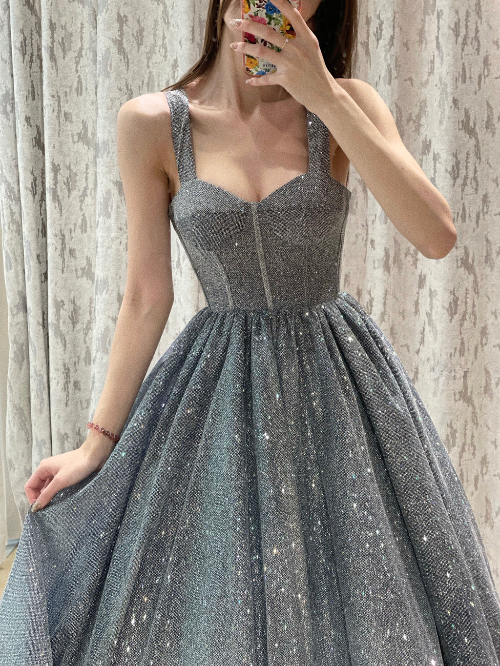Dark Blue and Silver Iridescent Glitter A-Line Evening Dress with Wide Straps