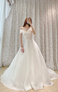 Off-the-Shoulder Organza A-Line Wedding Dress with Draped Sweetheart Bodice