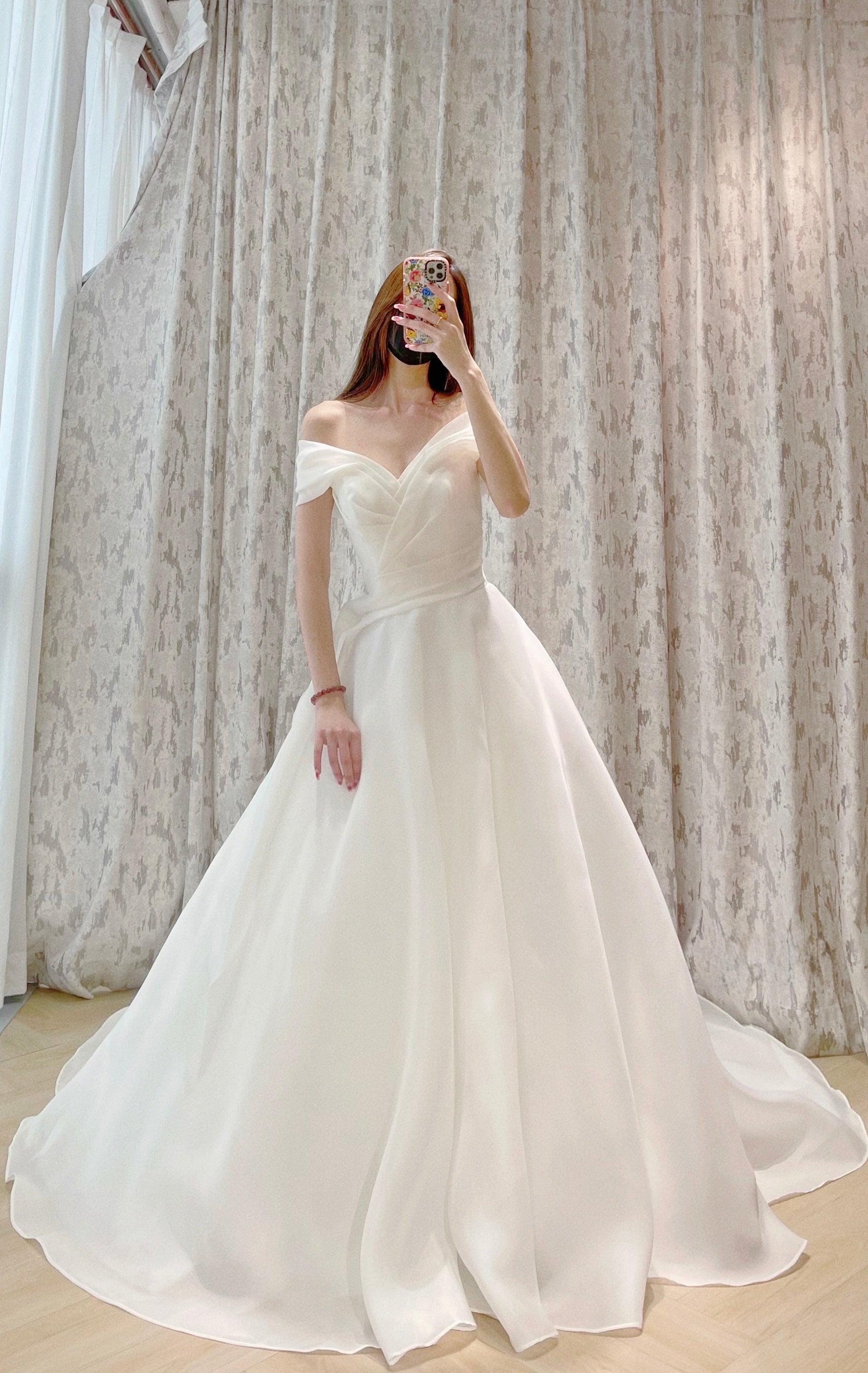 Off-the-Shoulder Organza A-Line Wedding Dress with Draped Sweetheart Bodice