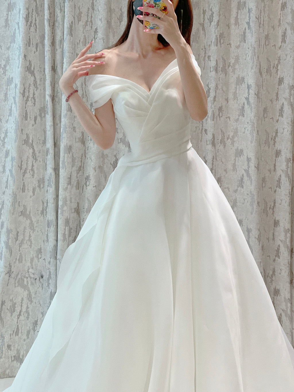 Off-the-Shoulder Organza A-Line Wedding Dress with Draped Sweetheart Bodice
