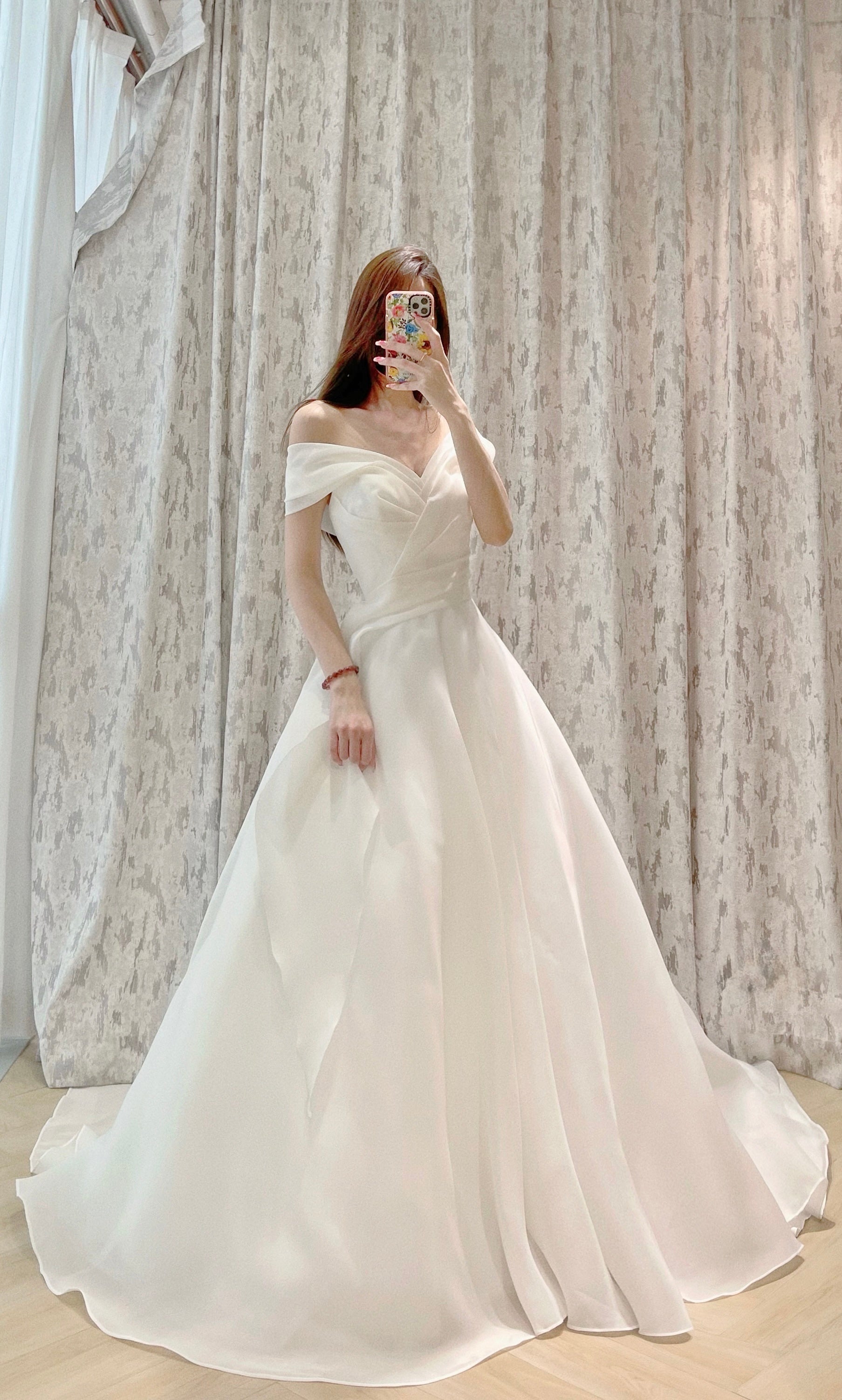 Off-the-Shoulder Organza A-Line Wedding Dress with Draped Sweetheart Bodice