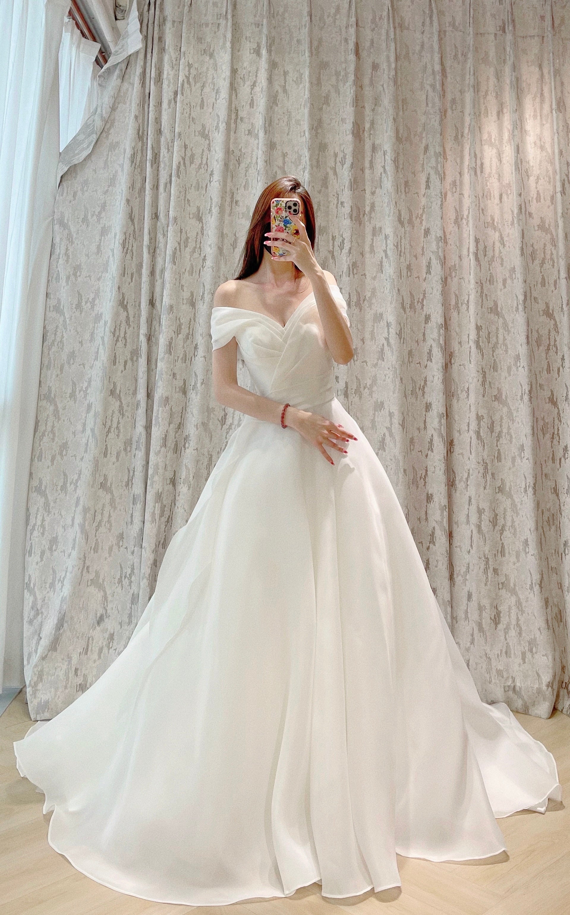 Off-the-Shoulder Organza A-Line Wedding Dress with Draped Sweetheart Bodice