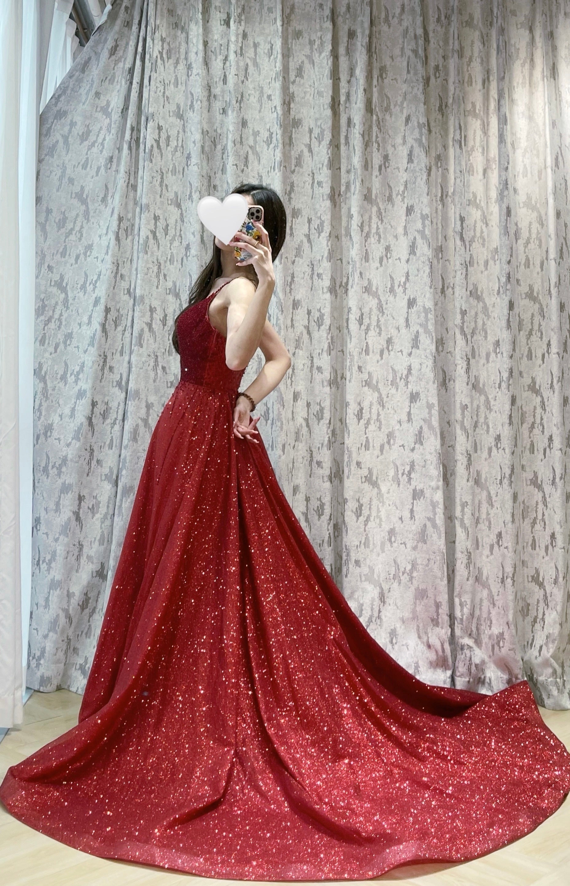 Sparkling Red Glitter A-Line Evening Dress with Spaghetti Straps