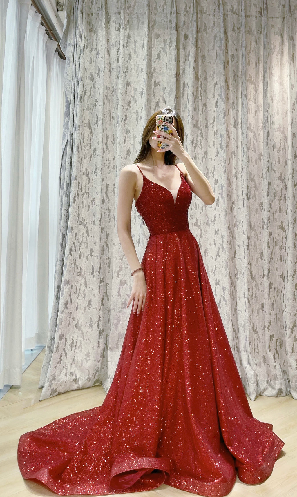 Sparkling Red Glitter A-Line Evening Dress with Spaghetti Straps