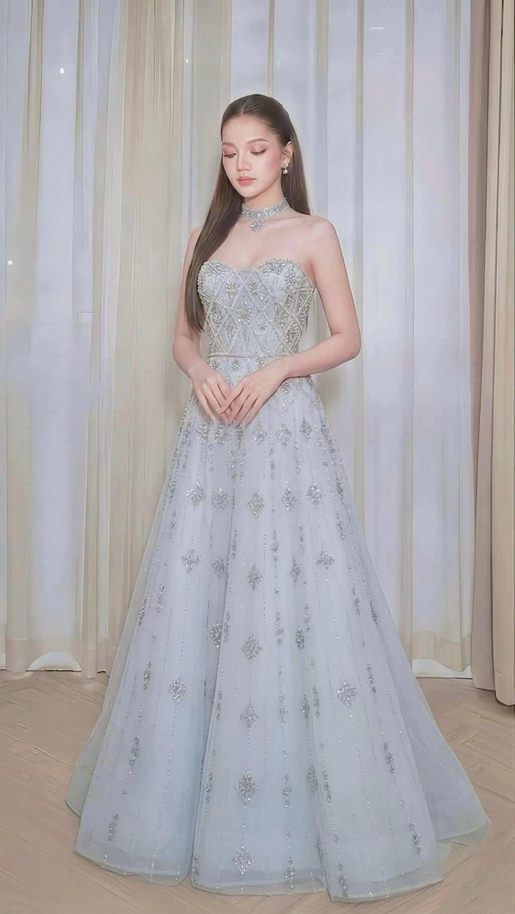 Light Blue Beaded Sweetheart A-Line Evening Dress with Silver Sequin Embellishments