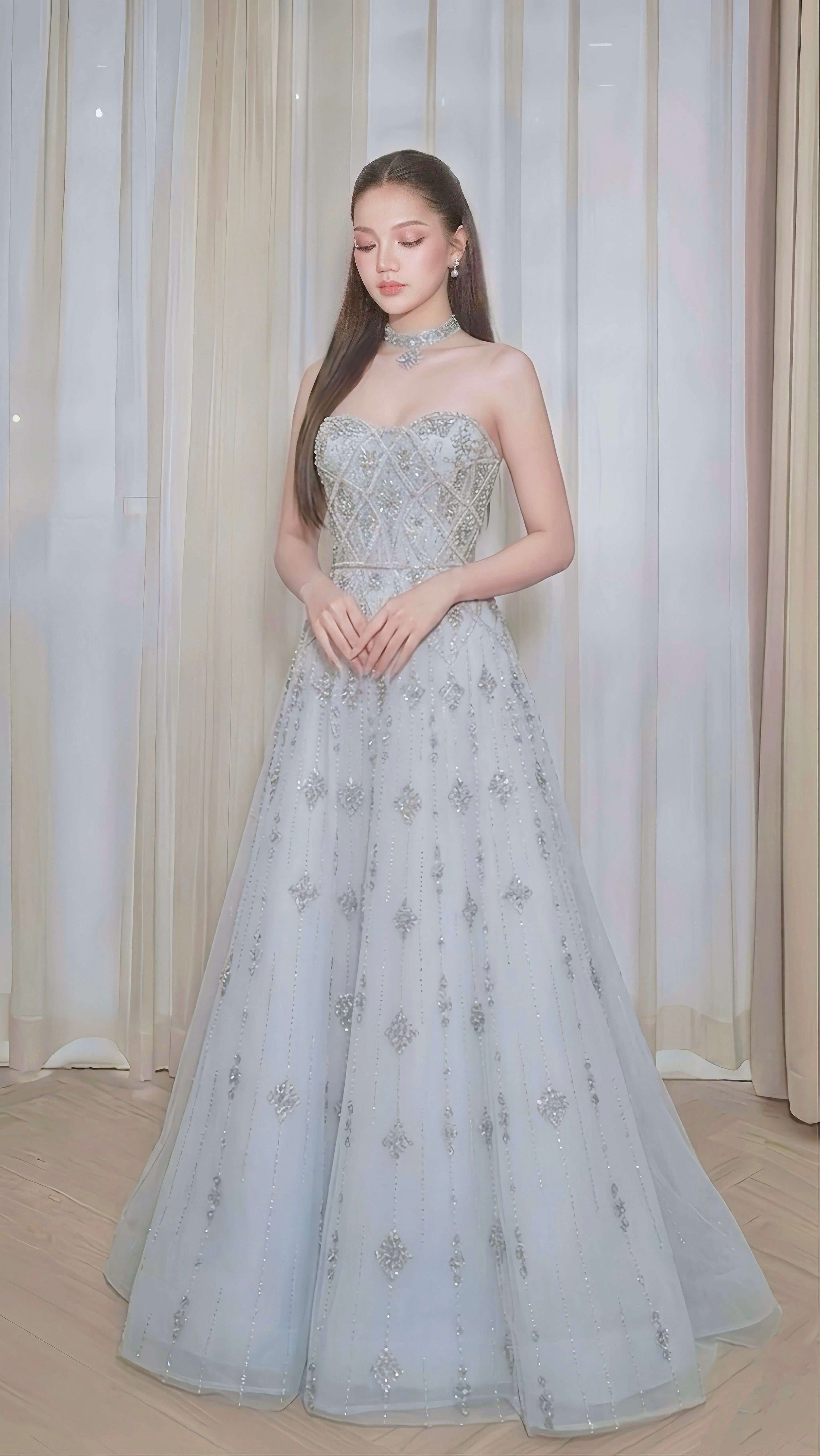Light Blue Beaded Sweetheart A-Line Evening Dress with Silver Sequin Embellishments