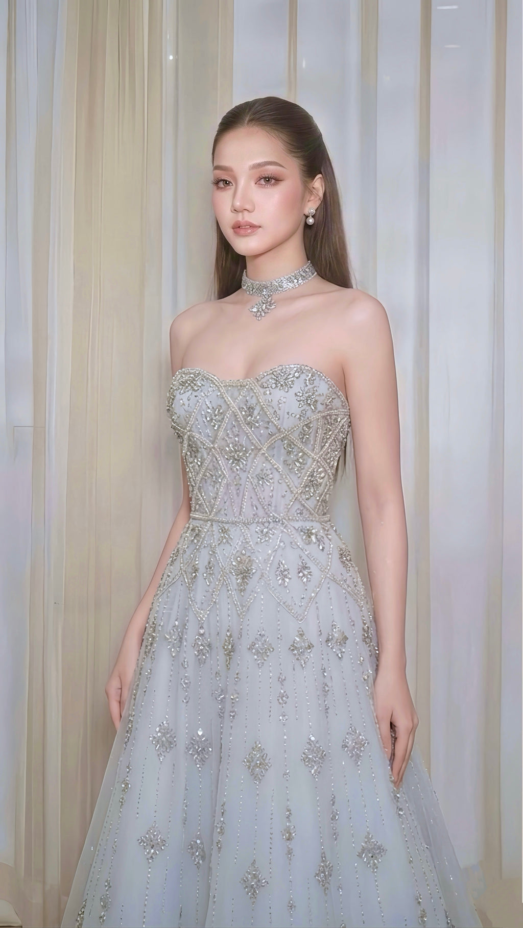 Light Blue Beaded Sweetheart A-Line Evening Dress with Silver Sequin Embellishments