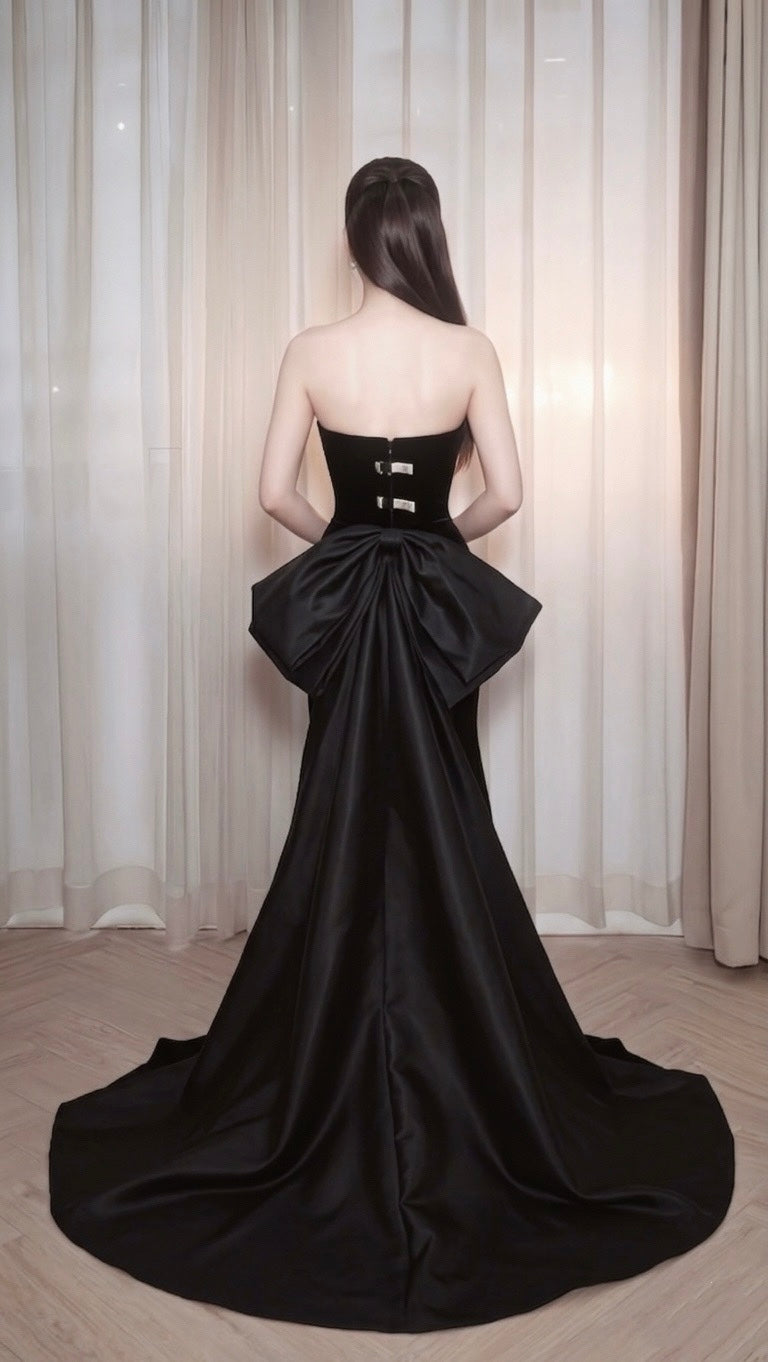 Strapless Black Velvet Mermaid Evening Dress with Oversized Back Bow