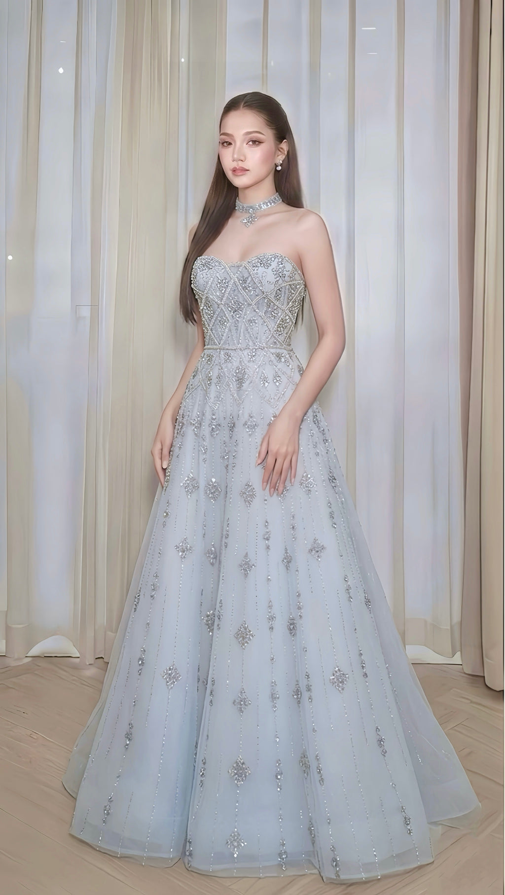 Light Blue Beaded Sweetheart A-Line Evening Dress with Silver Sequin Embellishments