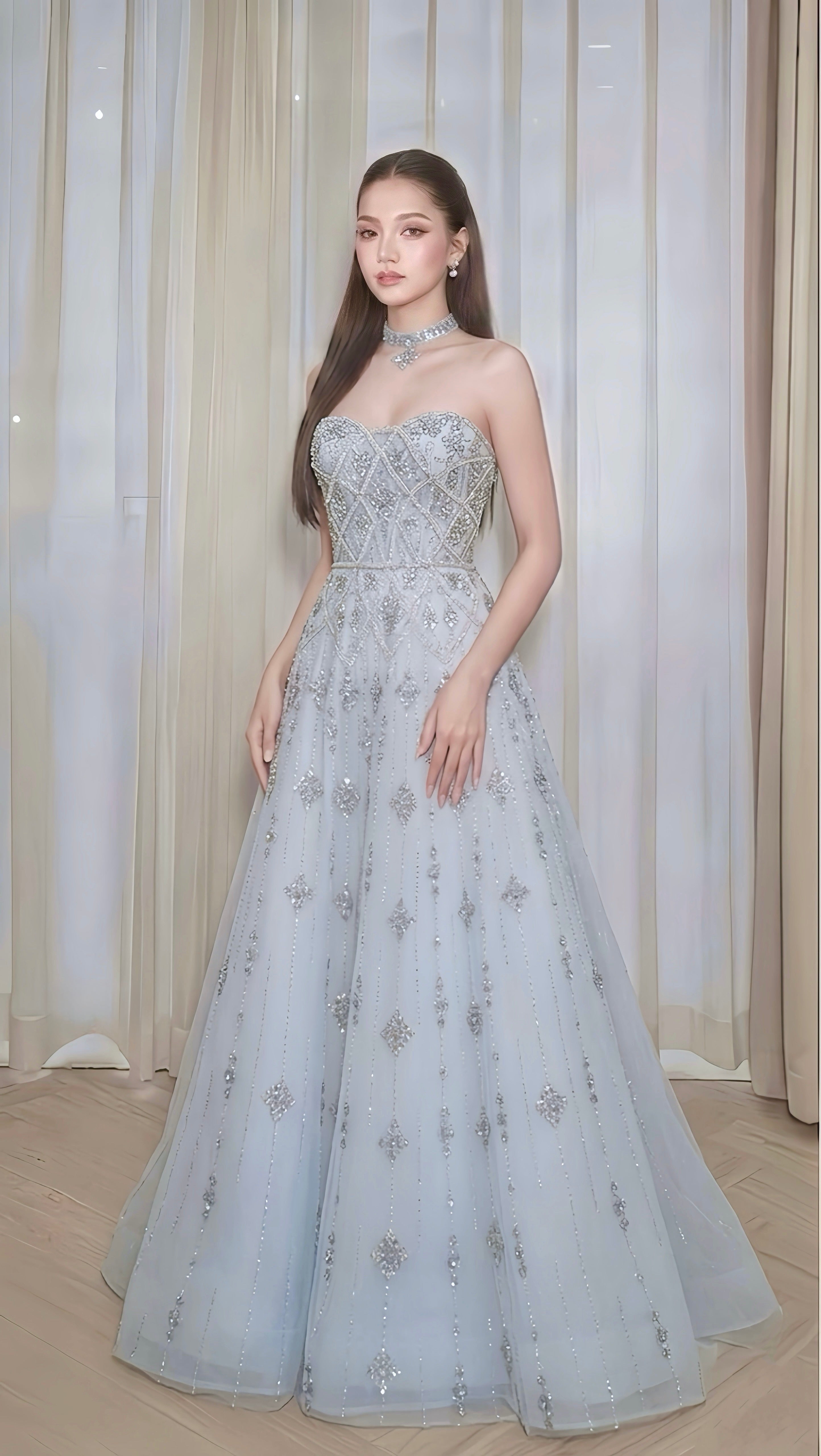 Light Blue Beaded Sweetheart A-Line Evening Dress with Silver Sequin Embellishments