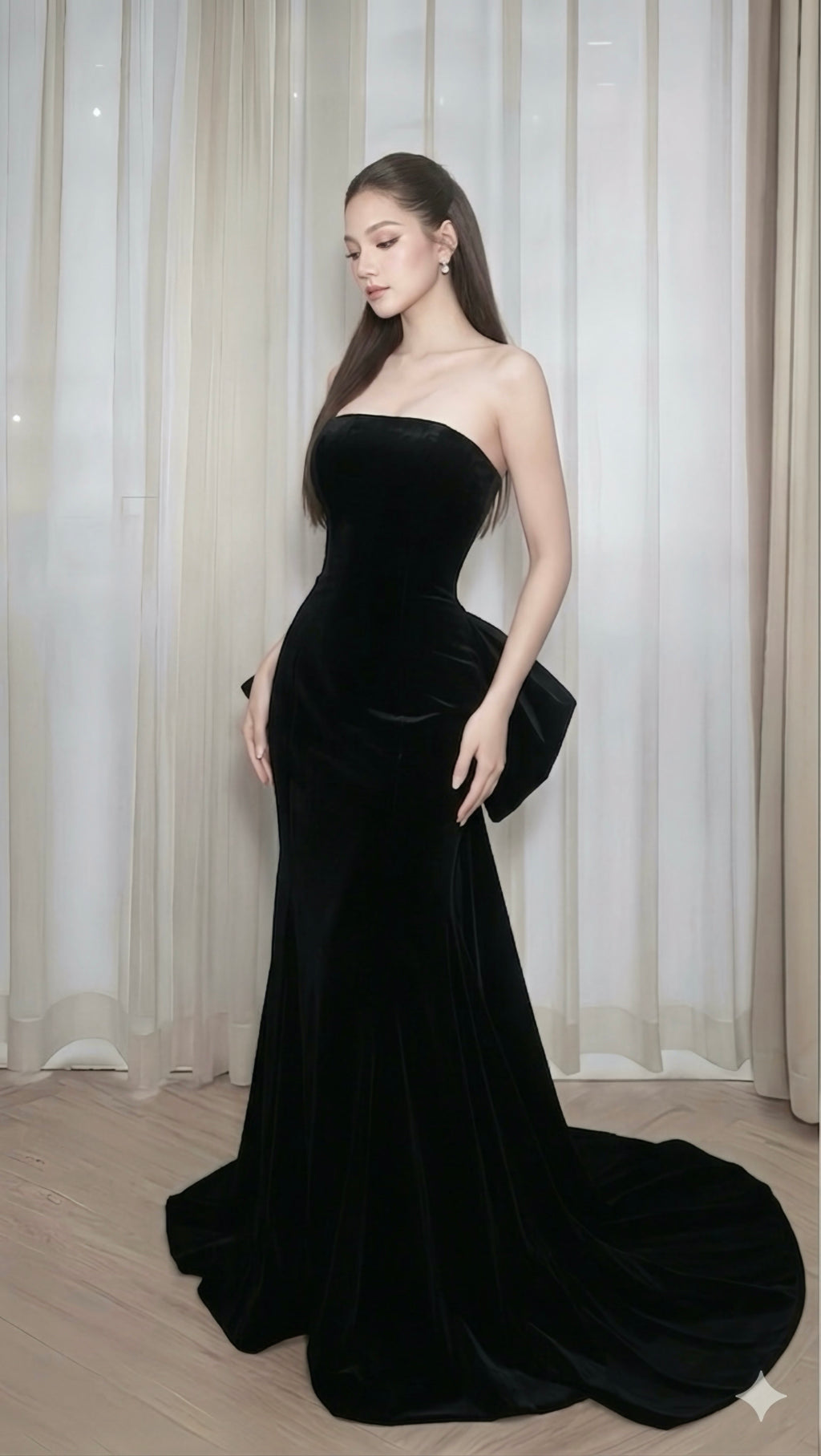 Strapless Black Velvet Mermaid Evening Dress with Oversized Back Bow