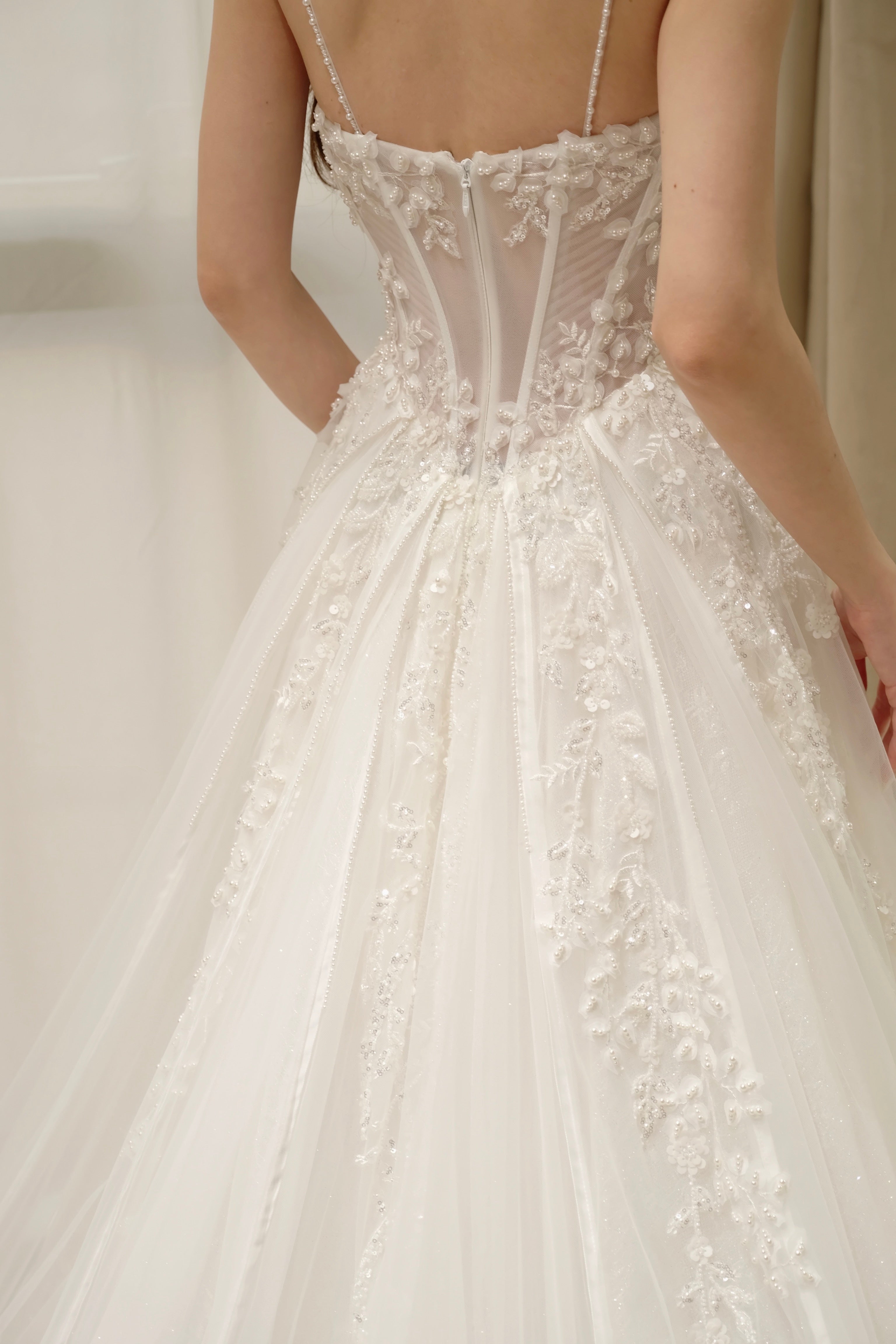 Sparkly Glitter Tulle A-Line Wedding Dress with Delicate Spaghetti Straps and Corset Bodice