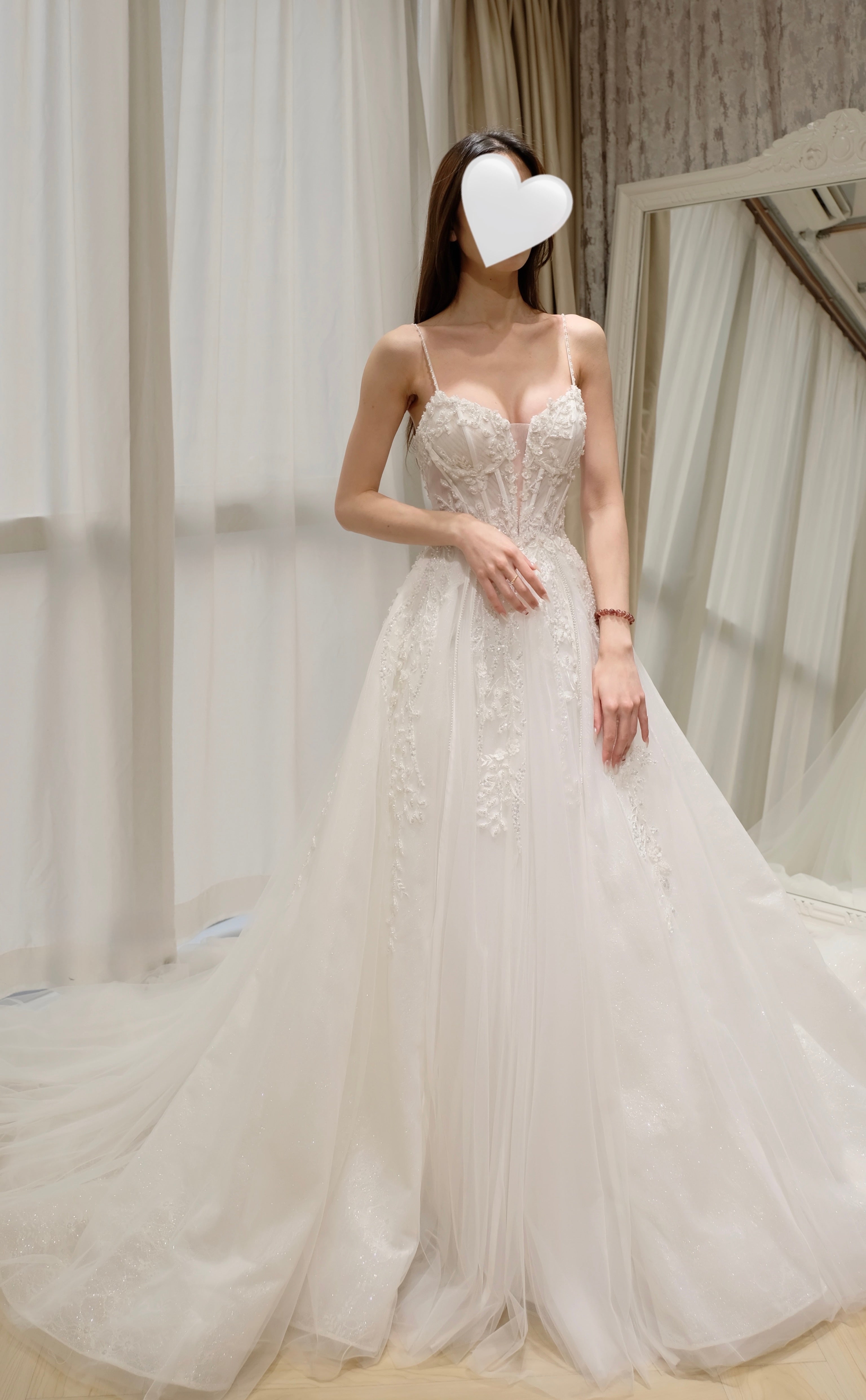Sparkly Glitter Tulle A-Line Wedding Dress with Delicate Spaghetti Straps and Corset Bodice