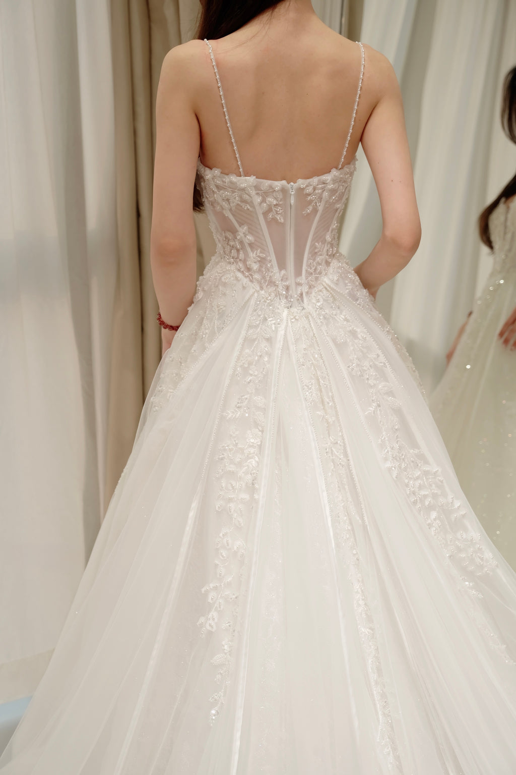 Sparkly Glitter Tulle A-Line Wedding Dress with Delicate Spaghetti Straps and Corset Bodice