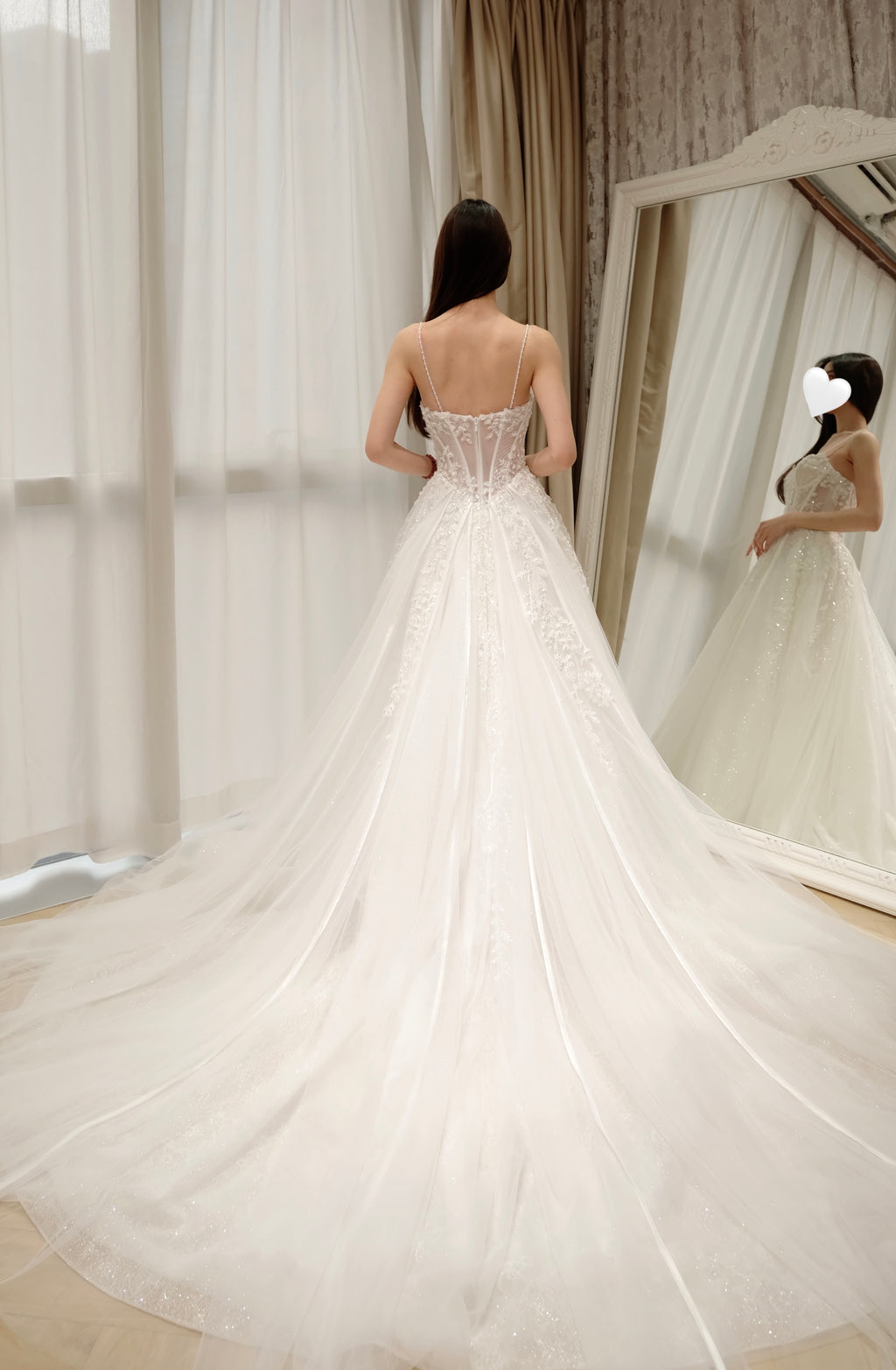 Sparkly Glitter Tulle A-Line Wedding Dress with Delicate Spaghetti Straps and Corset Bodice